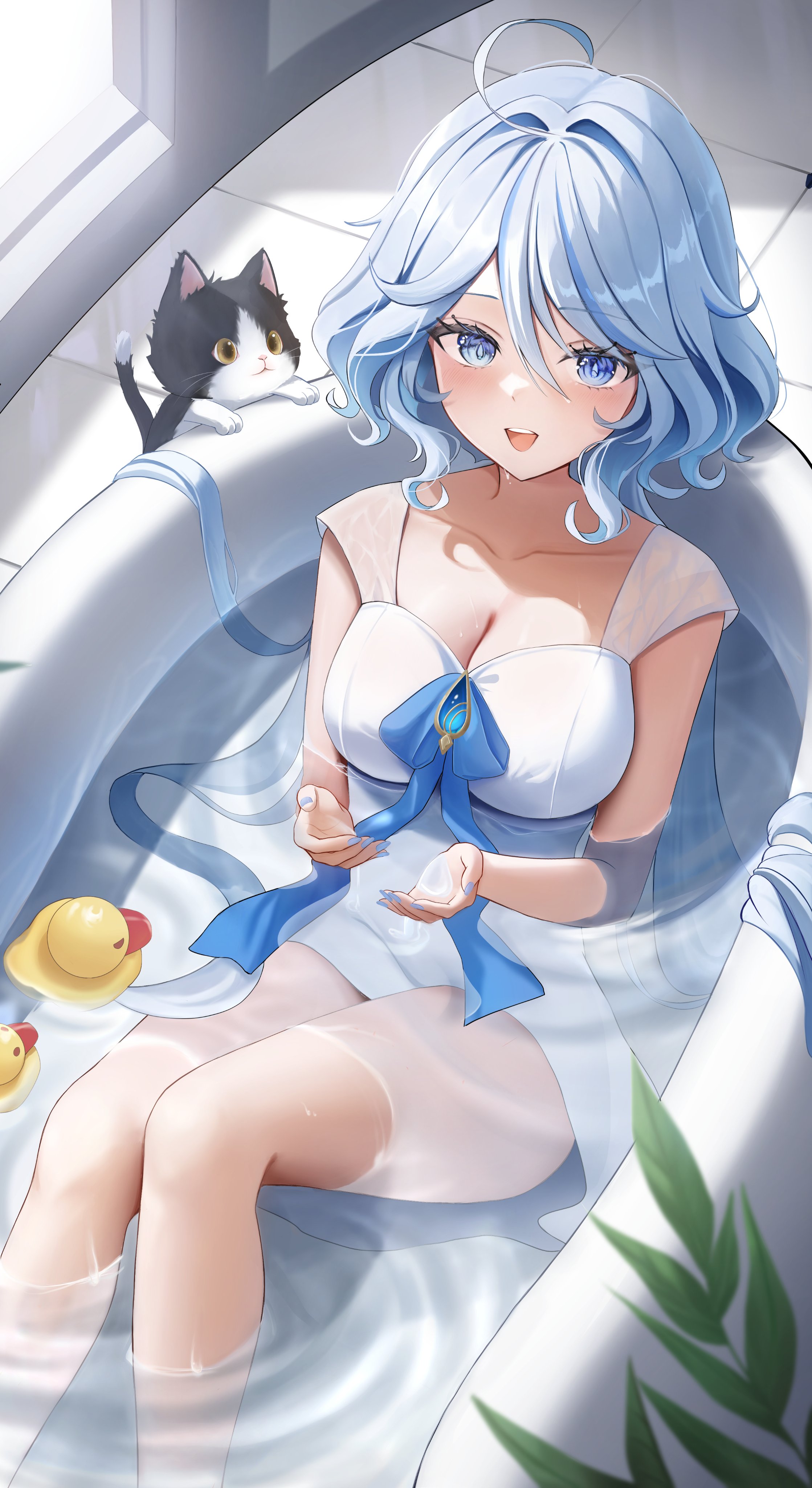Anime 2237x4096 anime anime girls Furina (Genshin Impact) Genshin Impact bathing bathtub in bathtub rubber ducks cats blue hair blue eyes painted nails blue nails cleavage collarbone blushing open mouth water looking at viewer indoors American shot window portrait display hini ni leaves