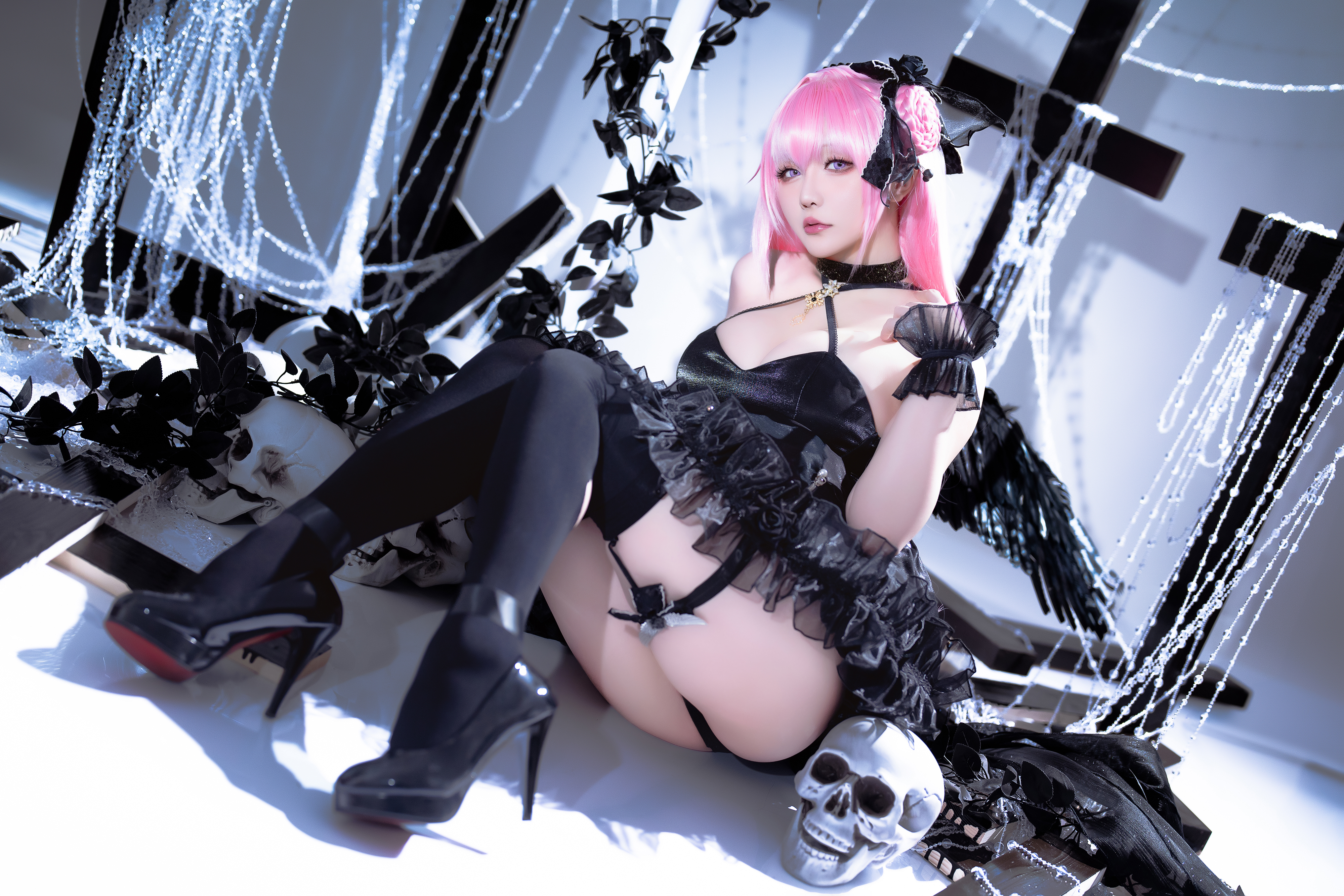 People 4000x2667 Hoshilily women model Asian cosplay Dorothy (Nikke: Goddess of Victory) Nikke: The Goddess of Victory video games pink hair dress stockings wings