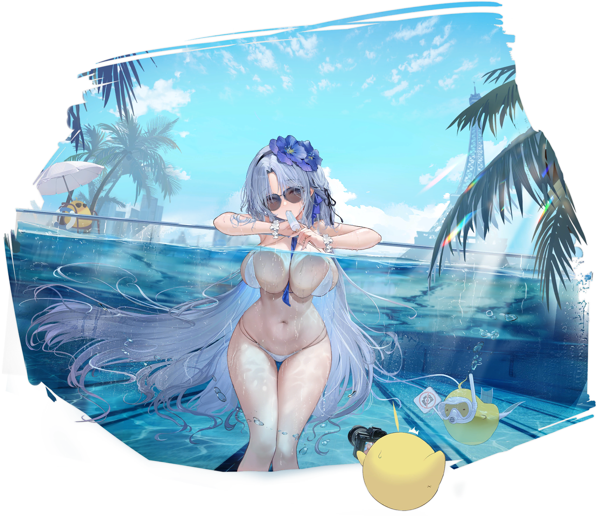 Anime 2047x1773 anime girls video games Azur Lane feifeifeihai Alsace (Azur lane) Manjuu (Azur Lane) bikini glasses swimwear wet long hair blue hair