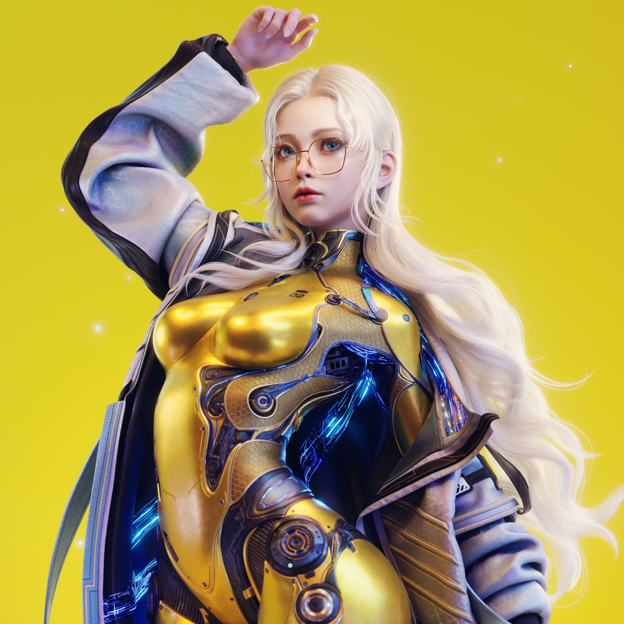 General 2000x2000 Yi Xiang CGI women silver hair glasses blue eyes yellow background