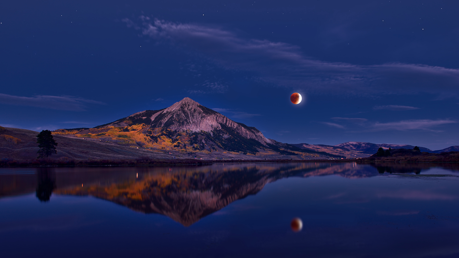 General 1920x1080 nature landscape mountains sky clouds lake water Moon red moon trees stars reflection lunar eclipse  Mount Crested Butte USA Bing
