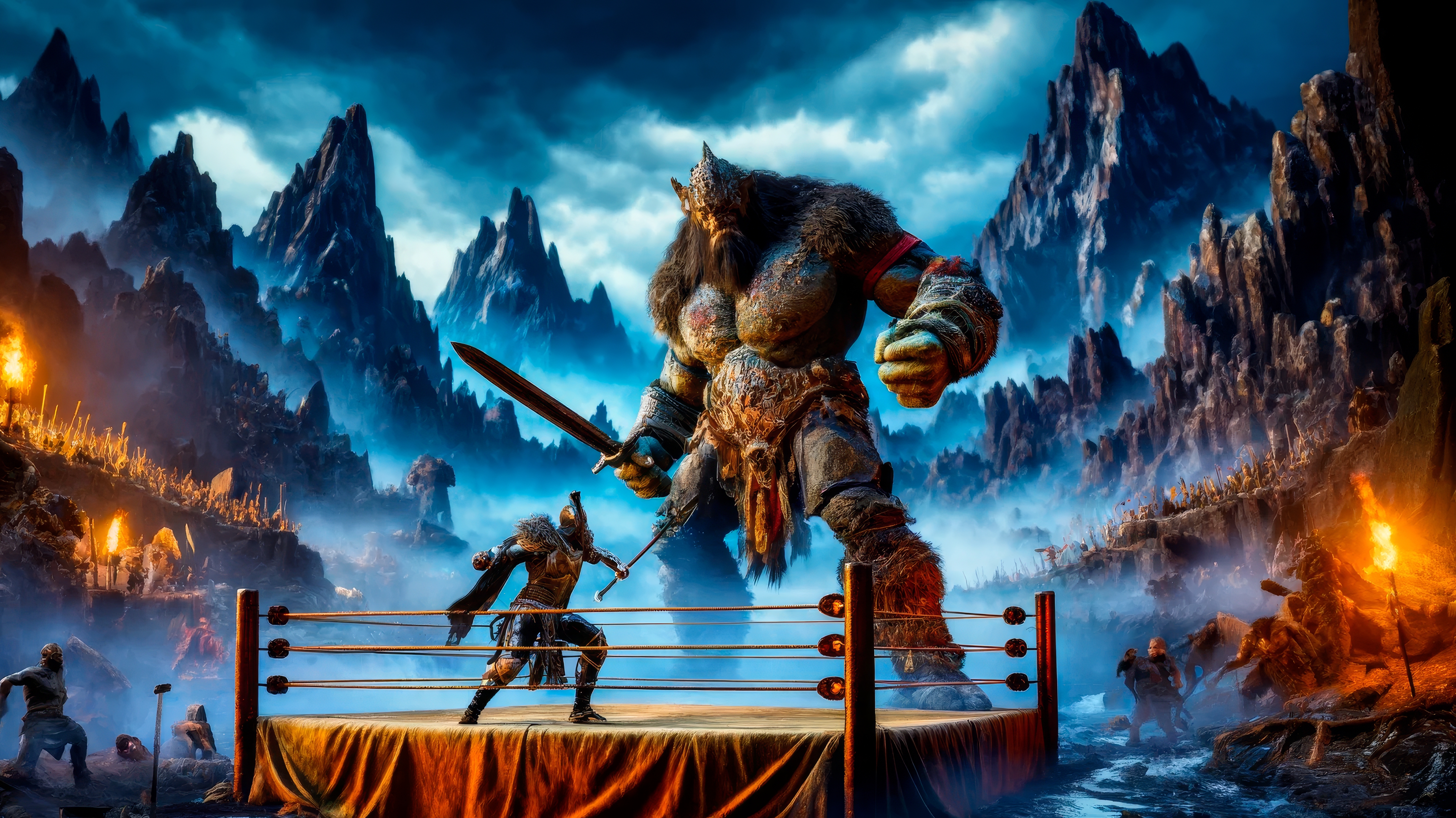 General 4398x2470 AI art video games RPG knight troll (Creature) arena fighting sword mountains wrestling