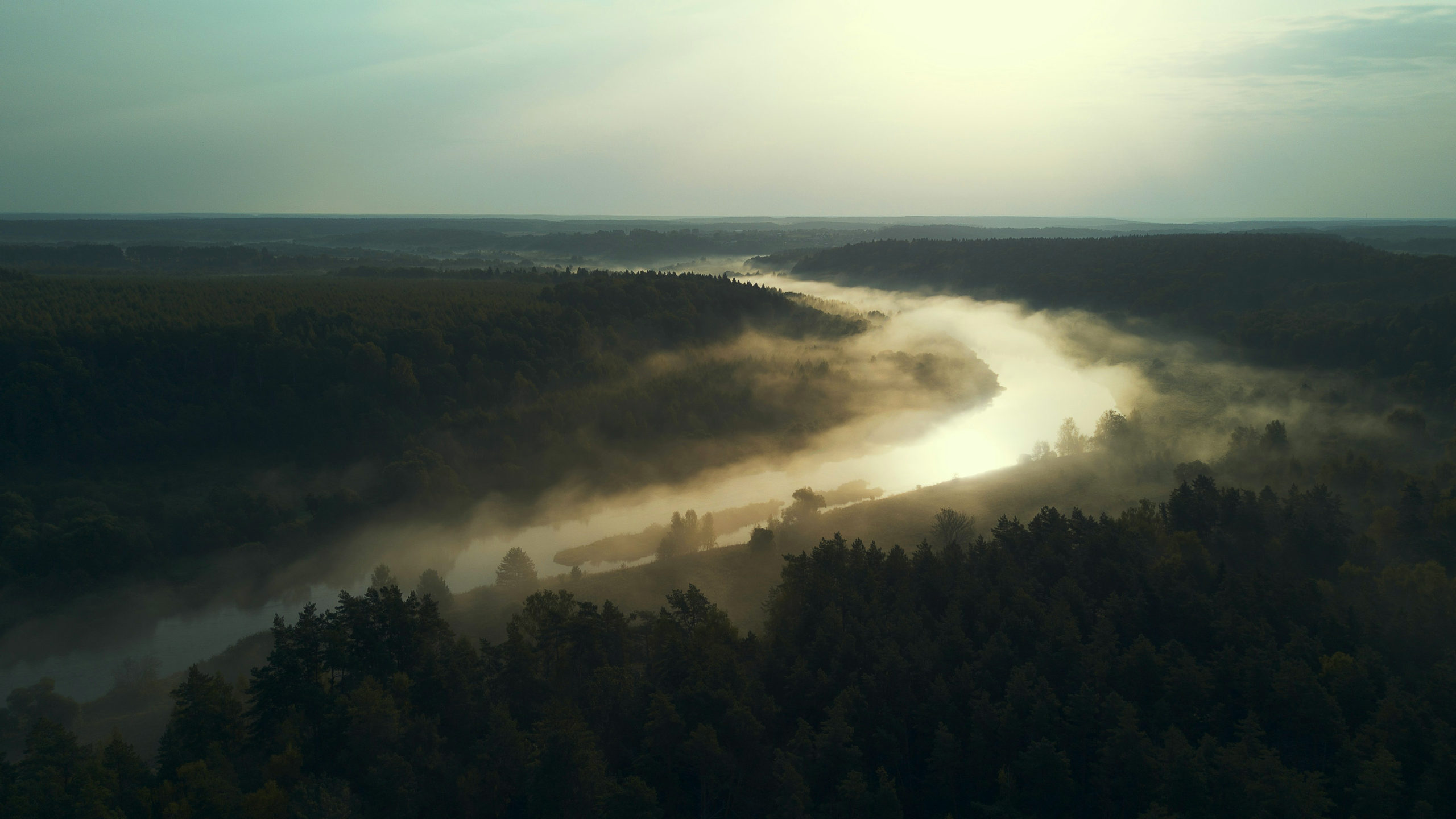 General 2560x1440 nature landscape trees forest mist river sky clouds fog far view horizon hills sunrise aerial view Russia Nick Kulyakhtin