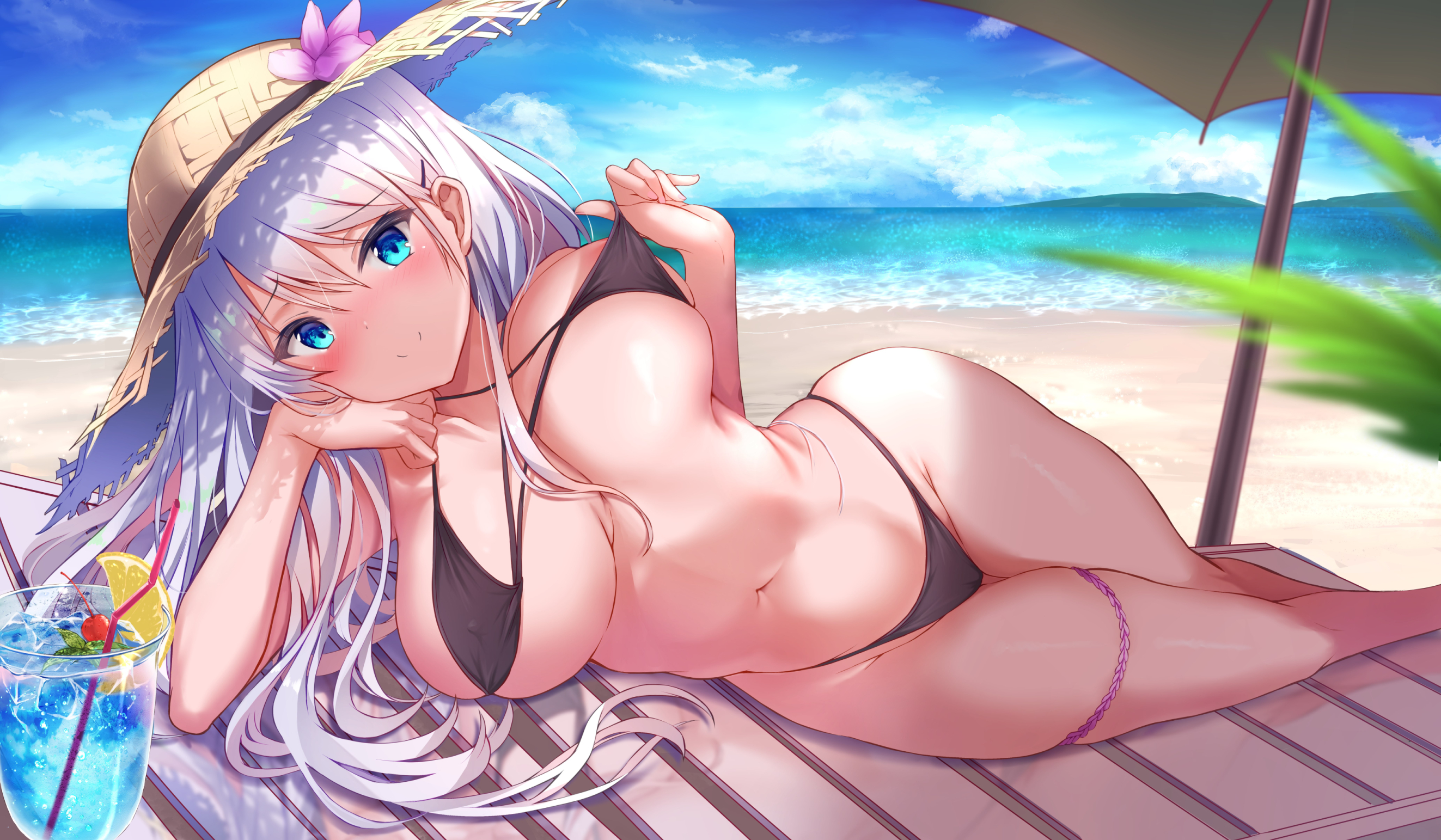 Anime 2646x1543 anime anime girls bikini big boobs pulling clothing straw hat blue eyes beach water umbrella sand