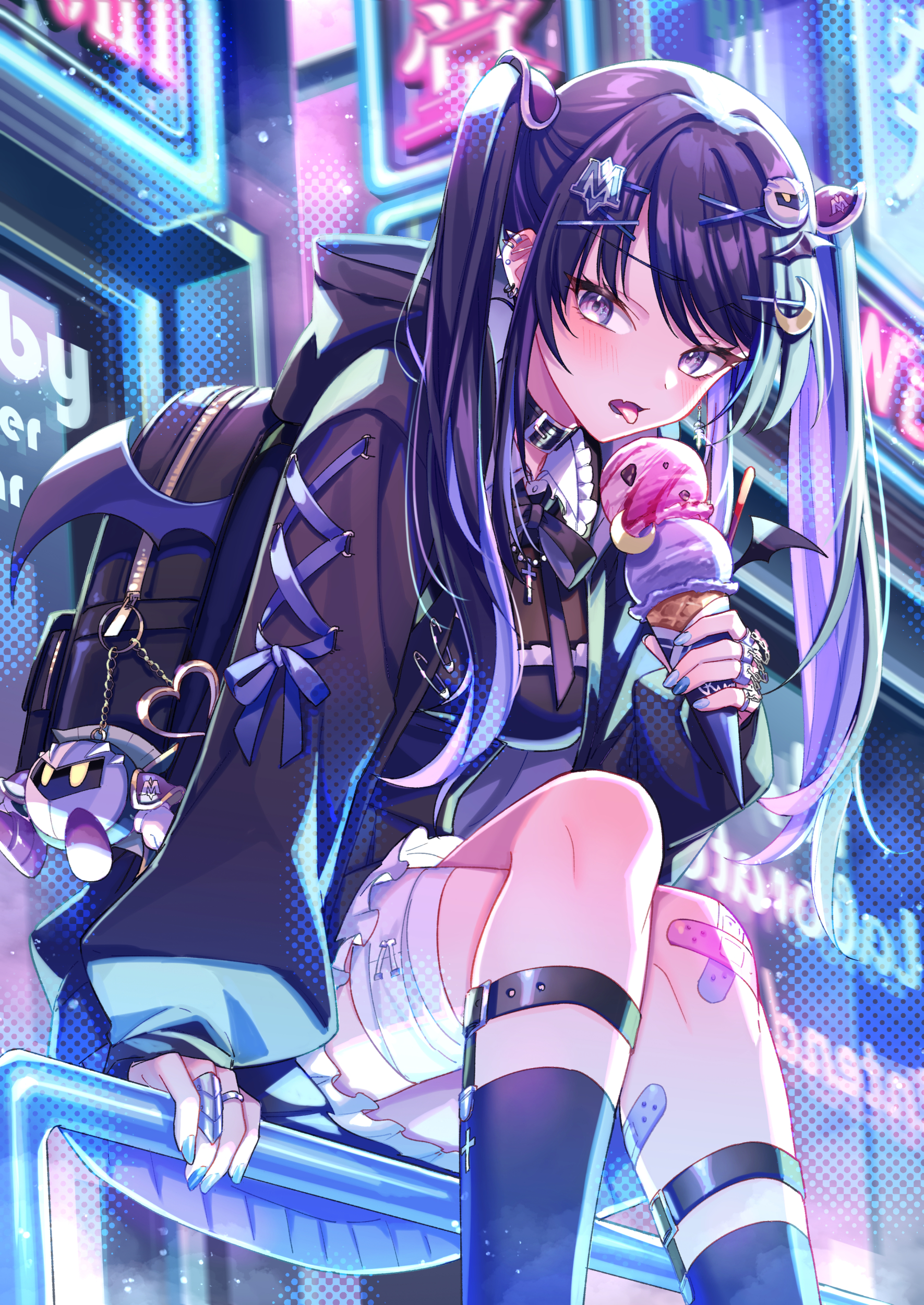 Anime 1771x2500 anime anime girls ice cream twintails backpacks band-aid tongue out
