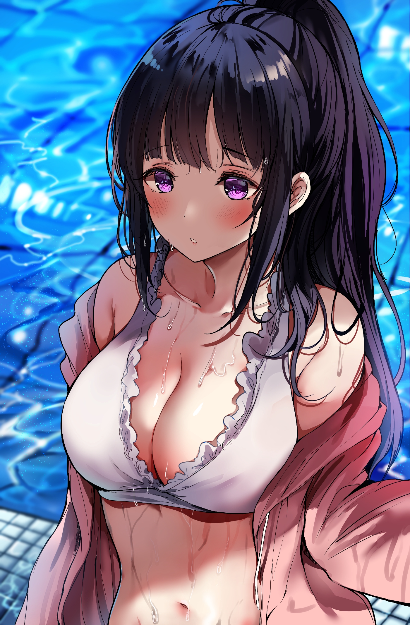 Anime 1401x2136 boobs anime swimming pool anime girls cleavage bikini water purple eyes Chitanda Eru Hyouka Sak artwork
