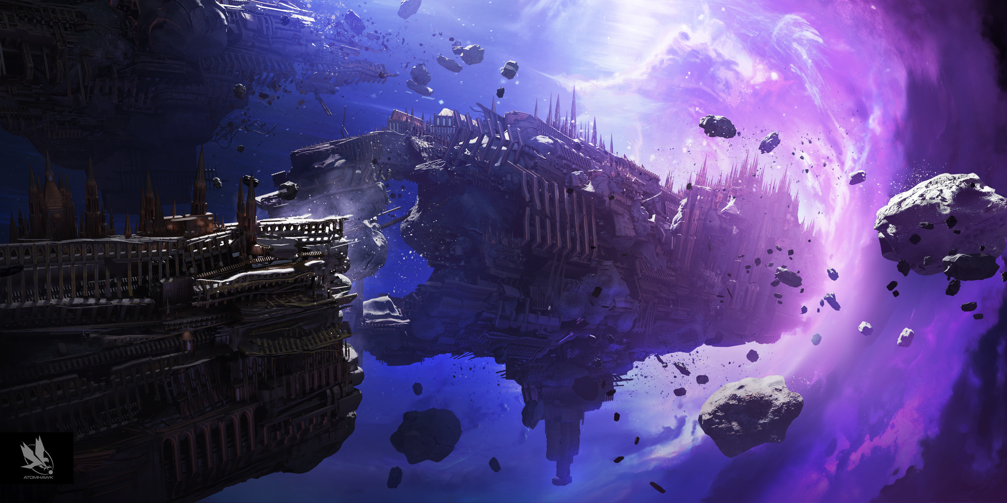 General 3500x1749 Warhammer 40,000 spaceship wormhole the warp purple blue white debris wreck video games
