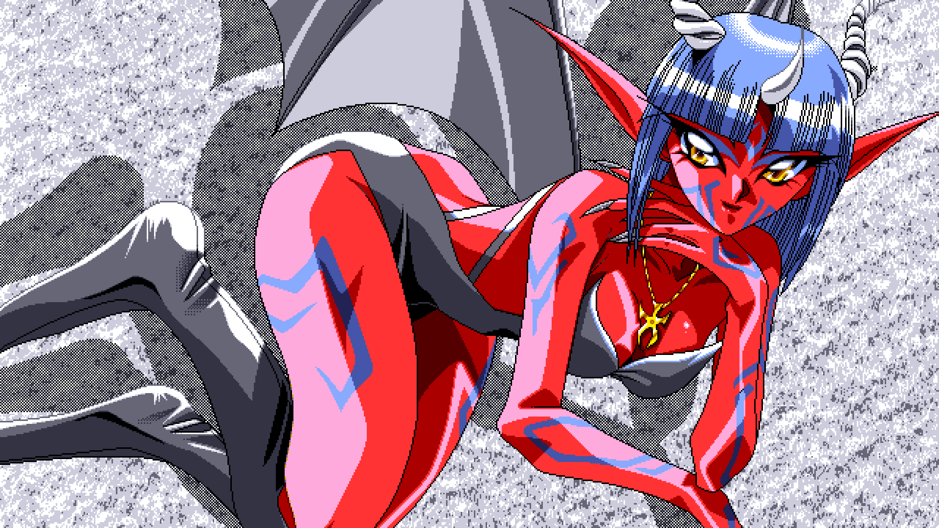Anime 1920x1080 pixel art PC-98 anime girls Game CG demon girls bat wings pointy ears red skin horns necklace