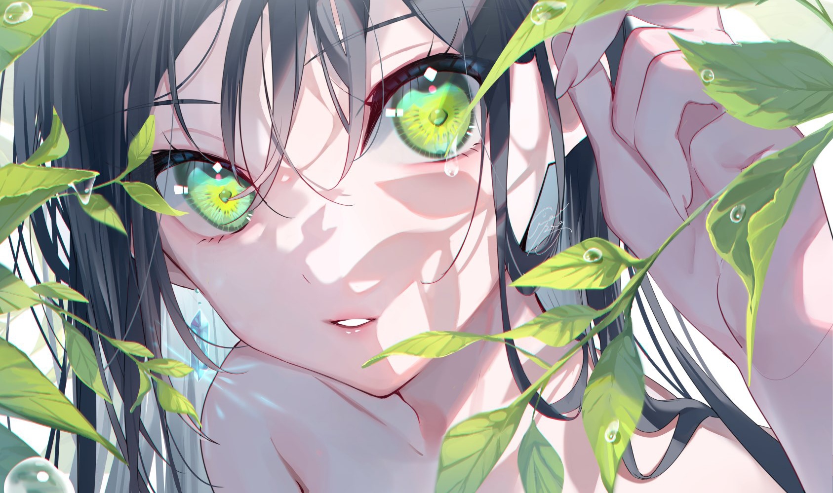 Anime 1687x999 anime girls green eyes dark hair leaves water drops