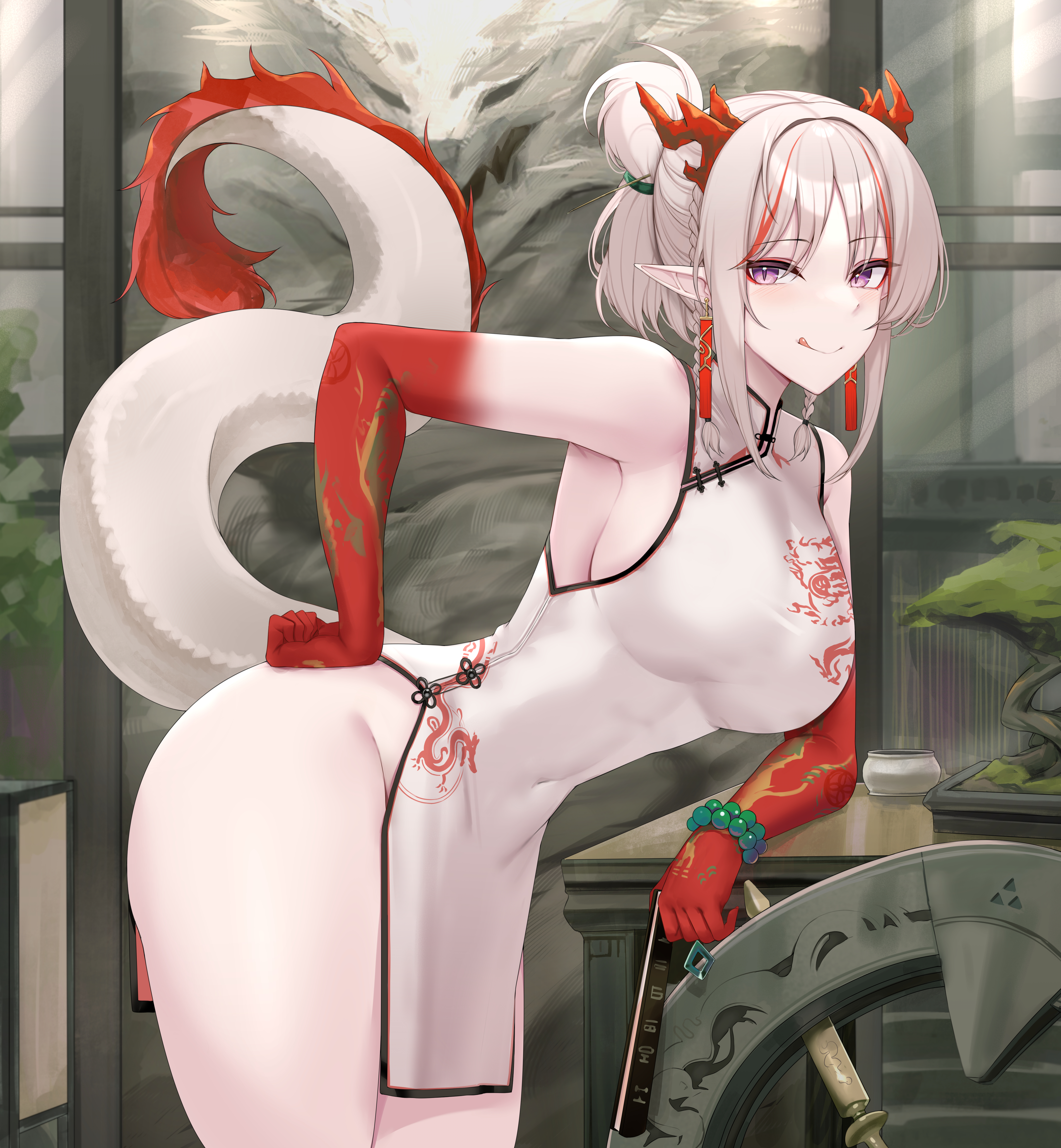 Anime 4864x5262 anime anime girls Arknights Nian(Arknights) portrait display dragon girl dragon tail dragon horns tongue out pointy ears sideboob big boobs thighs Chinese dress