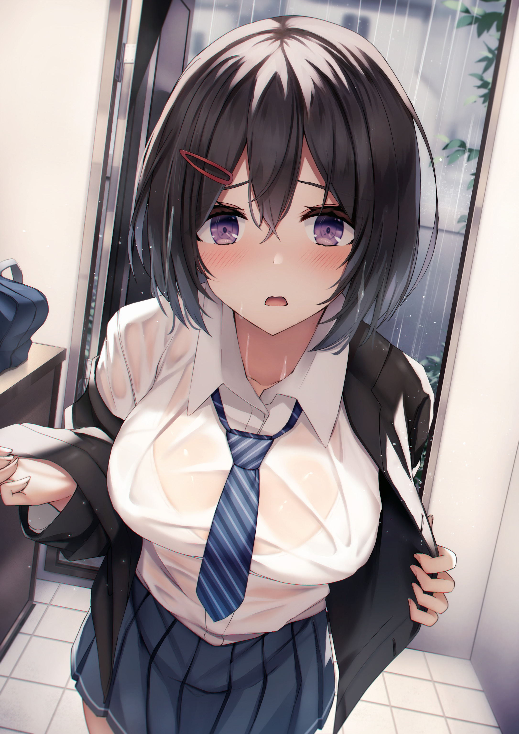 Anime 2171x3070 school uniform black hair anime girls wet undressing see-through shirt schoolgirl portrait display tie wet clothing rain blushing big boobs Pixiv