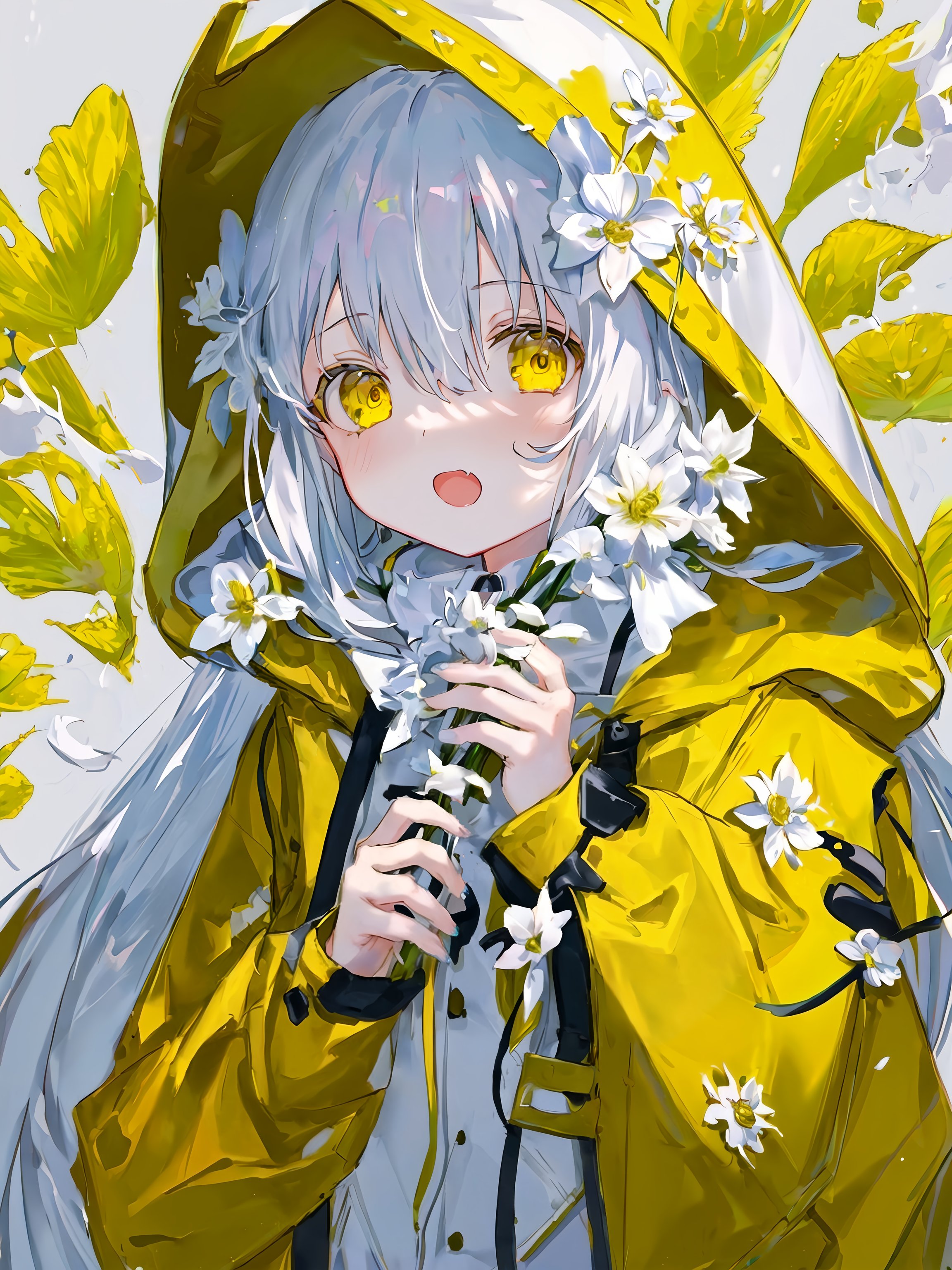 Anime 2304x3072 anime girls white hair flowers yellow raincoat yellow eyes raincoat portrait display flower in hair