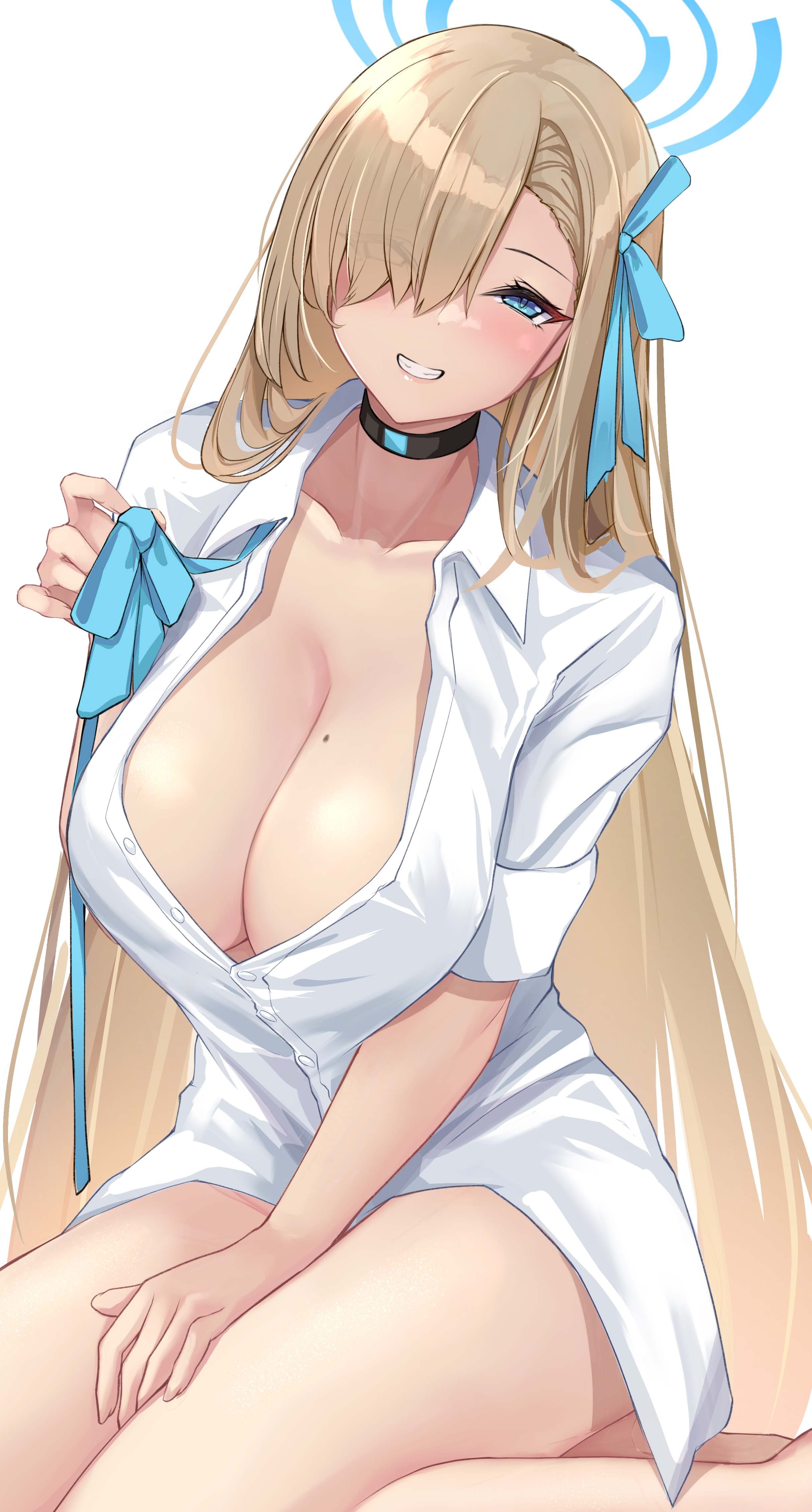 Anime 2428x4519 anime anime girls Blue Archive Rikiddo Asuna Ichinose portrait display cleavage big boobs moles mole on breast open shirt blonde blue eyes hair over one eye blushing smiling white background simple background huge breasts