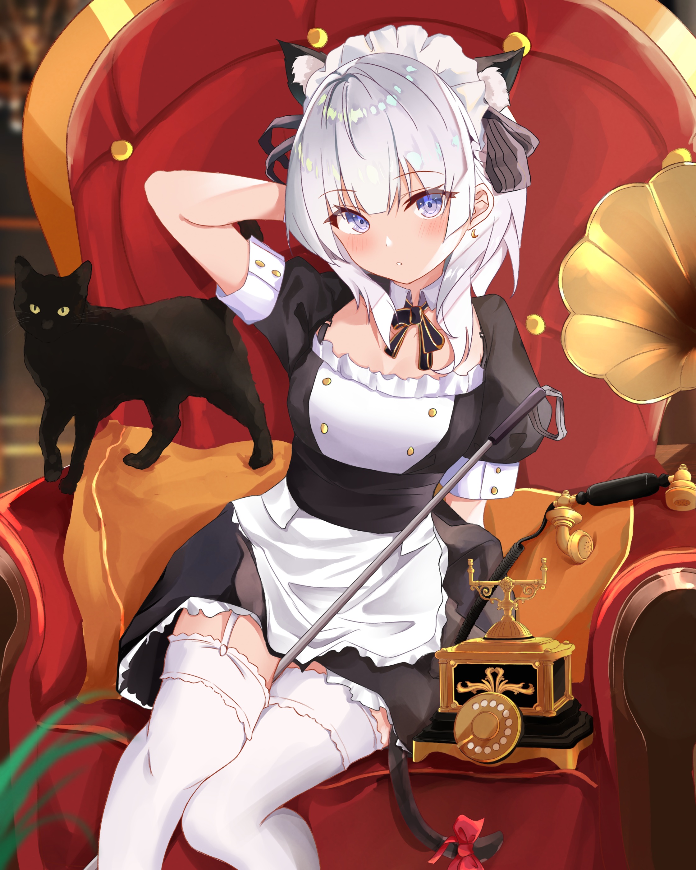 Anime 2240x2797 anime anime girls portrait display cats maid maid outfit stockings blushing