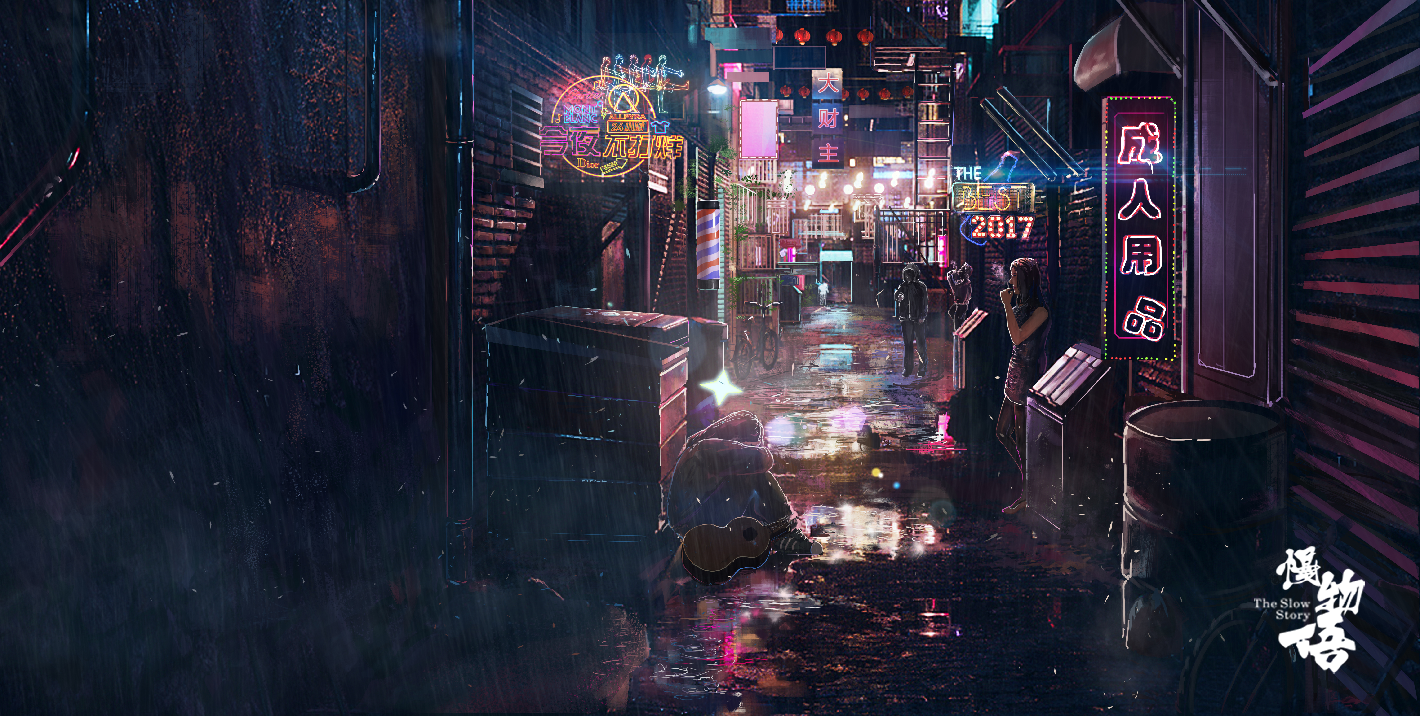 General 6000x3028 cyberpunk street neon city lights city alleyway rain night