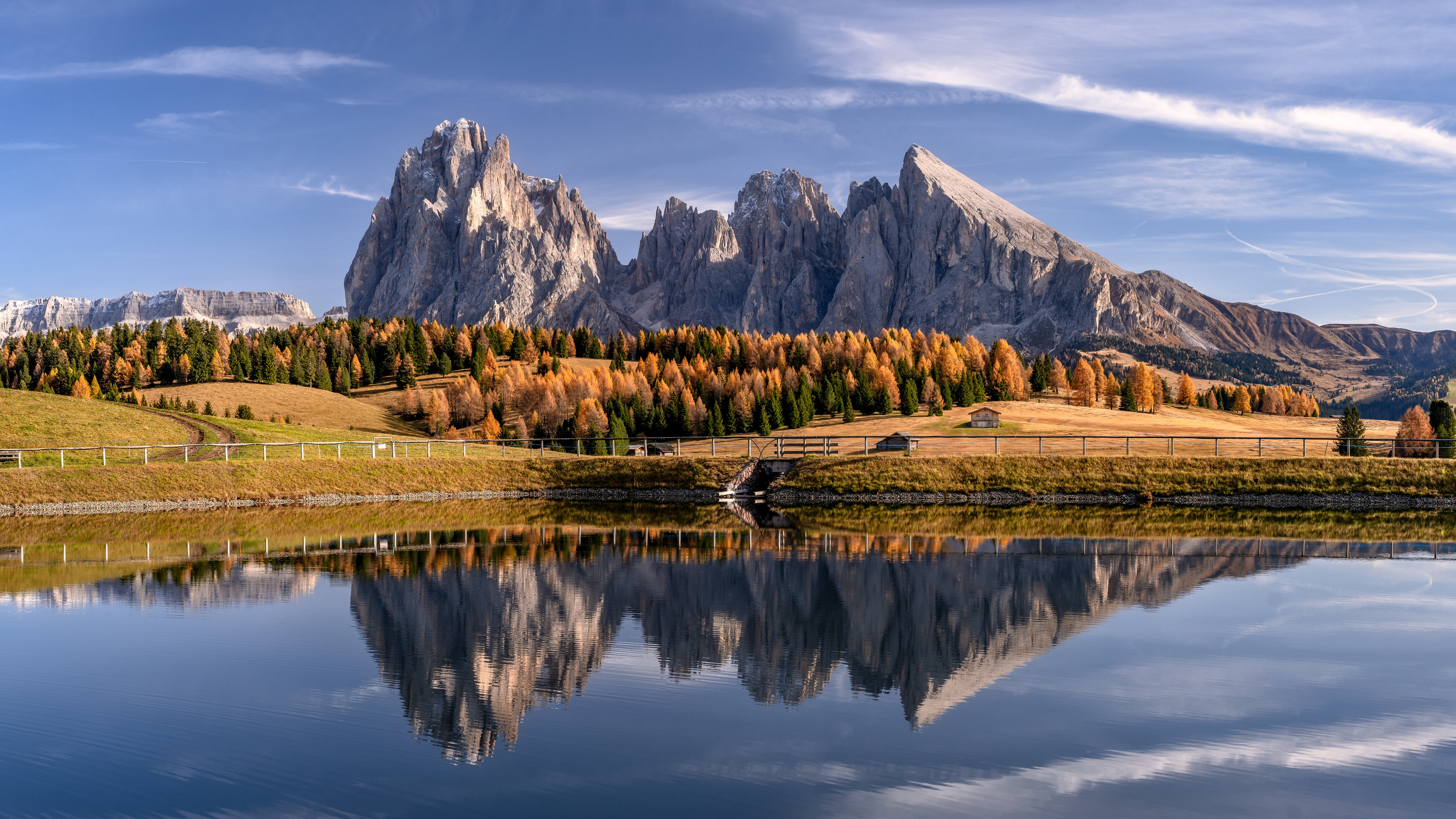 General 3840x2160 nature landscape Italy Dolomites mountains lake reflection forest water clouds sky fall
