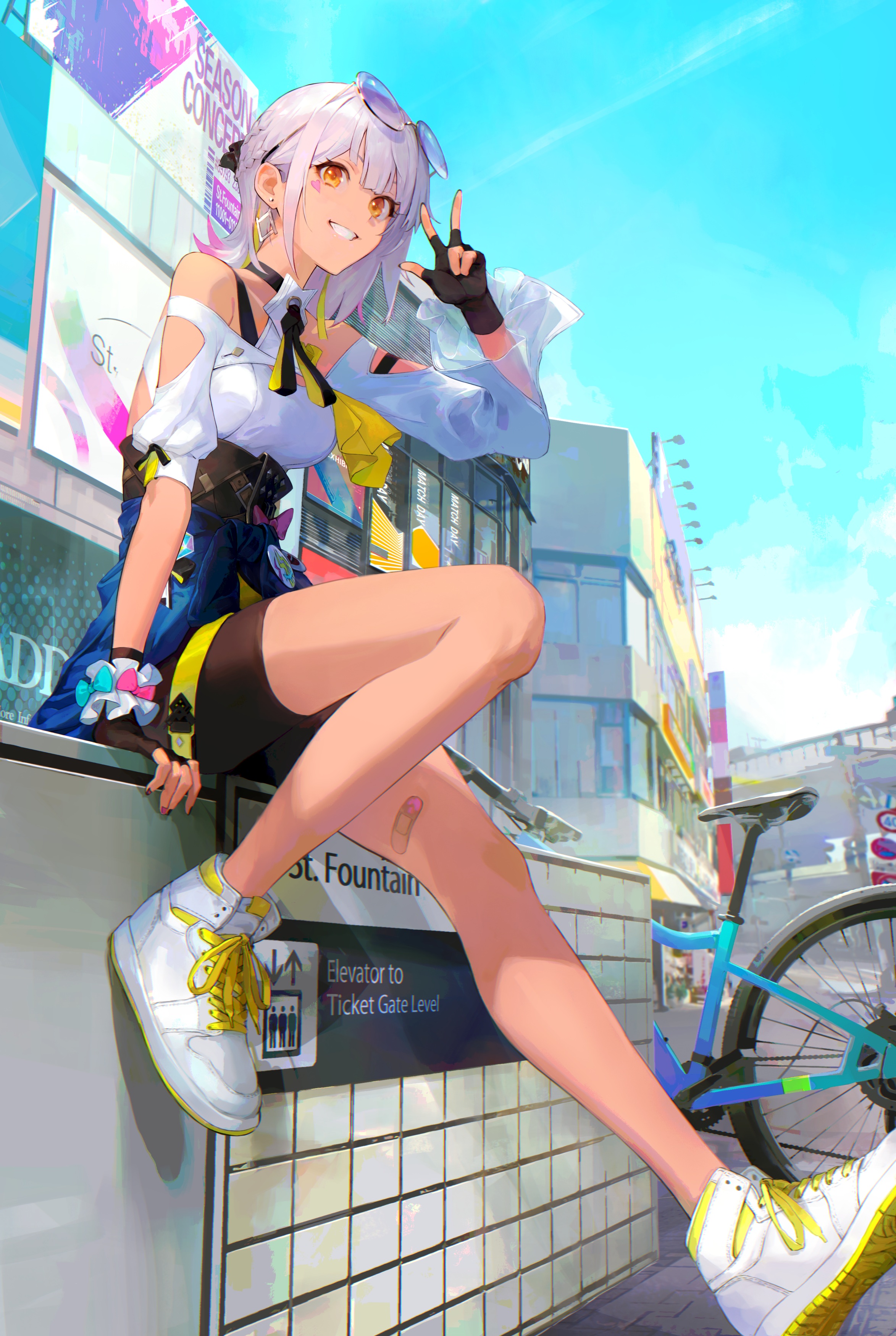 Anime 2347x3500 anime anime girls shoes sunglasses bicycle smiling sitting sky clouds tanned sneakers