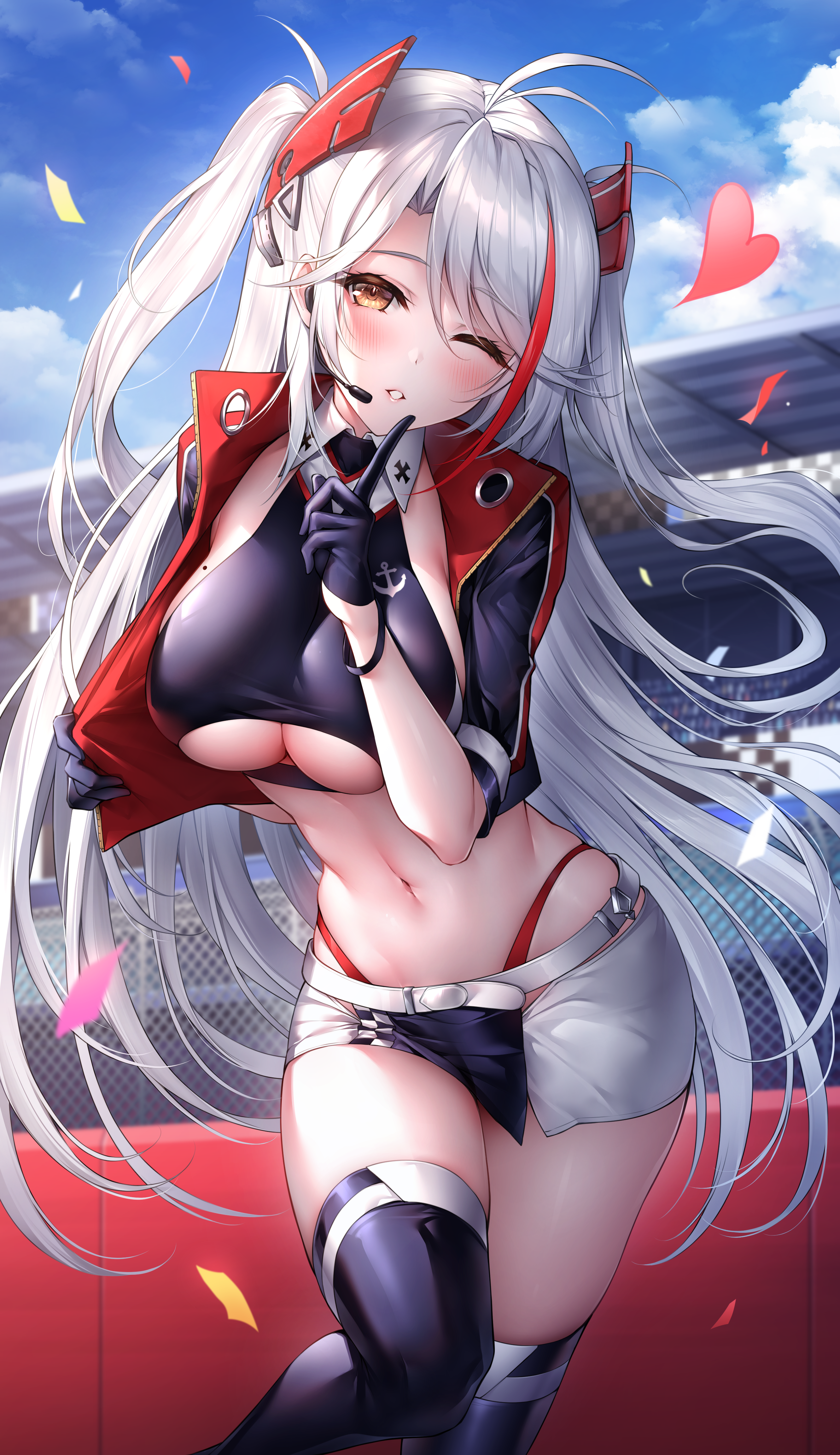 Anime 2664x4611 anime anime girls Prinz Eugen (Azur Lane) Race Queen Outfit Oyuwari Azur Lane portrait display looking at viewer silver hair yellow eyes one eye closed heart confetti sky fence underboob big boobs skimpy clothes thighs slim body skinny sunlight twintails hush gesture gloves black gloves