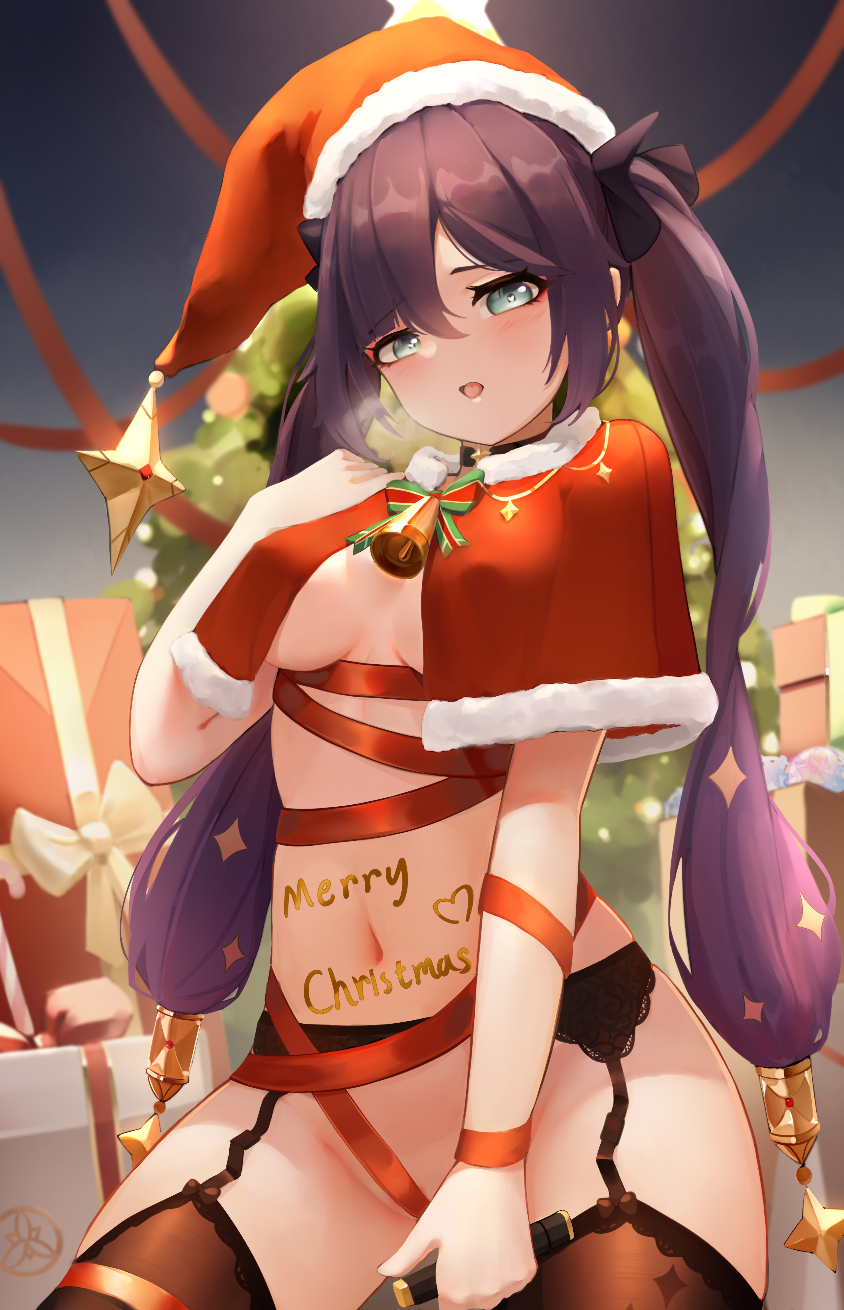 Anime 2900x4500 Mona (Genshin Impact) Genshin Impact Santa costume anime girls Christmas clothes stockings garter belt twintails Christmas tree heart eyes Christmas presents strategic covering wrapped ribbon red ribbon partially clothed naked ribbon