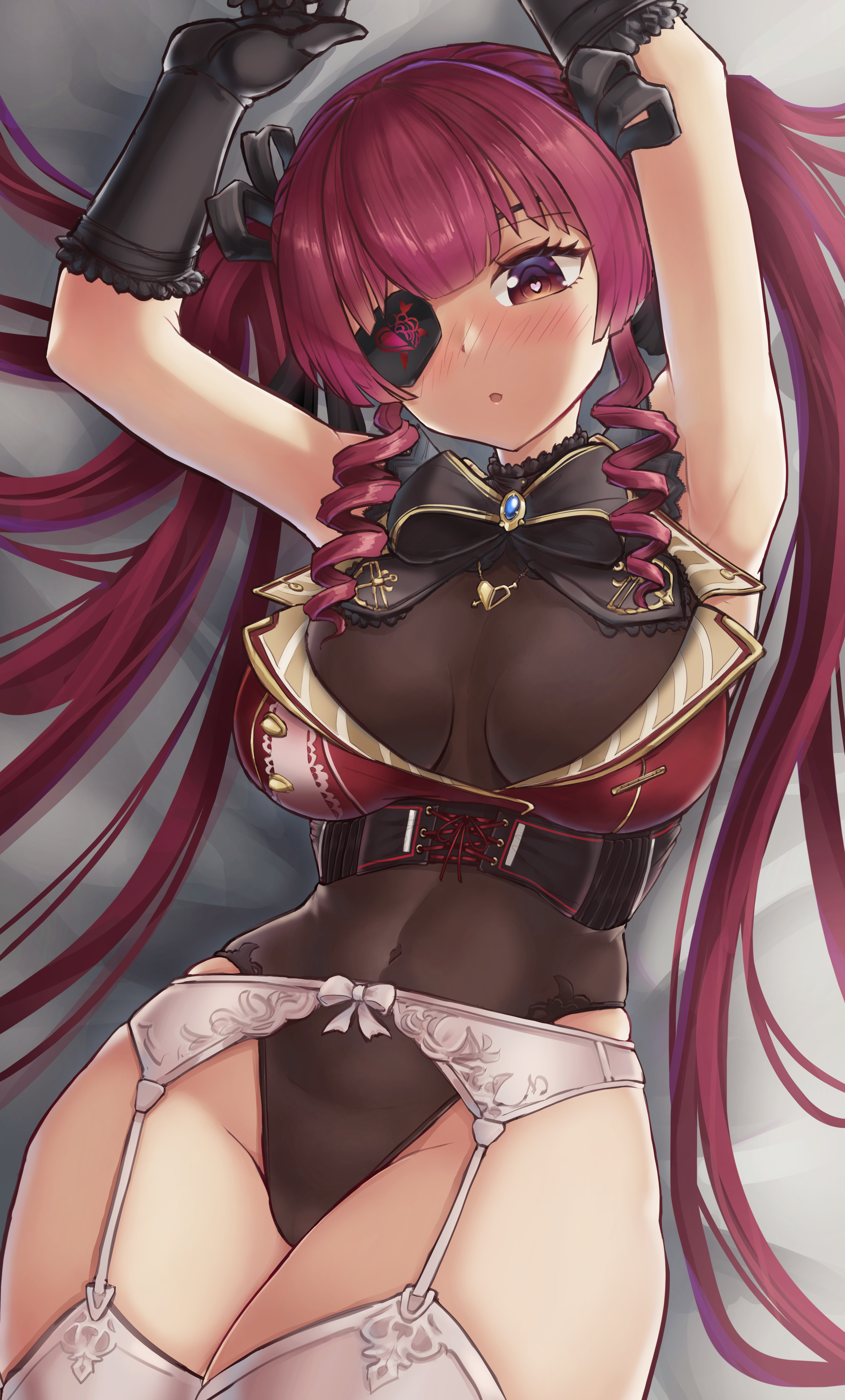 Anime 3648x6047 Hololive Virtual Youtuber anime girls eyepatches twintails stockings garter belt big boobs thighs heart eyes redhead
