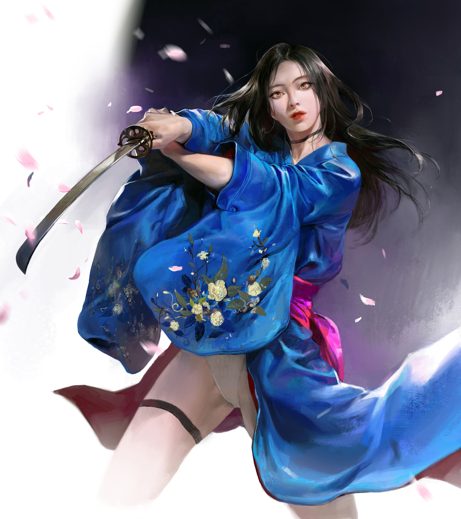 General 1920x2164 Taak Choi drawing women dark hair Asian brown eyes weapon katana dress blue clothing panties cherry blossom petals fighting sword