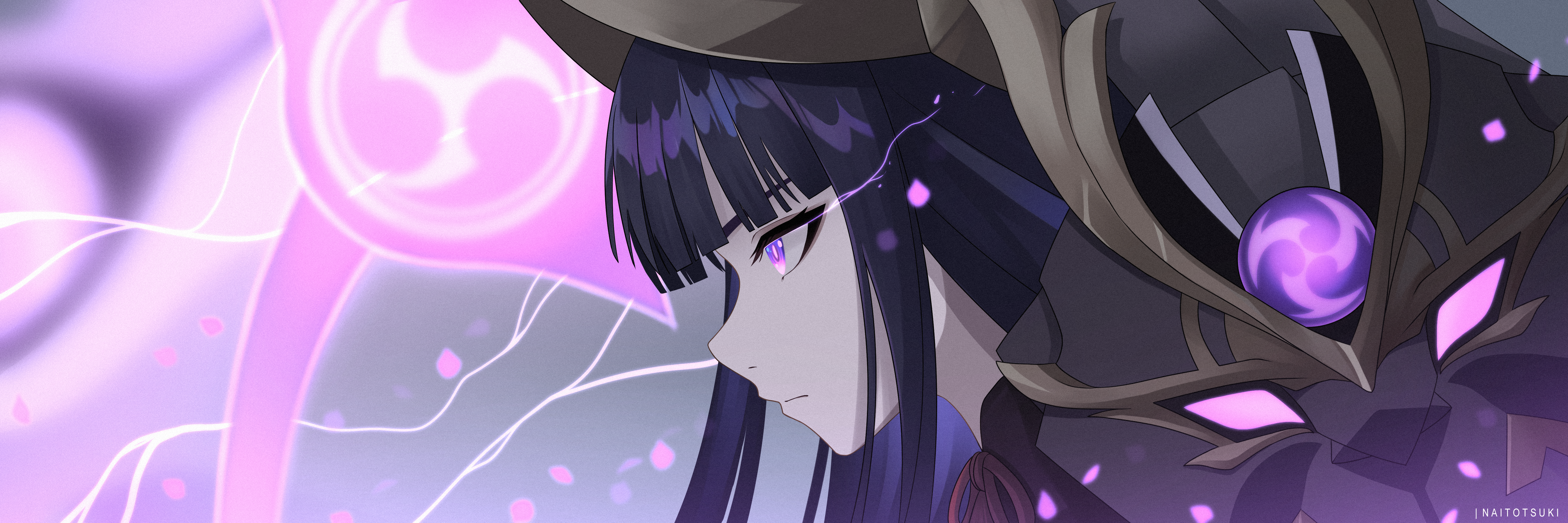 Anime 6000x2000 Genshin Impact closeup long hair anime girls purple eyes purple hair Raiden Shogun (Genshin Impact) petals