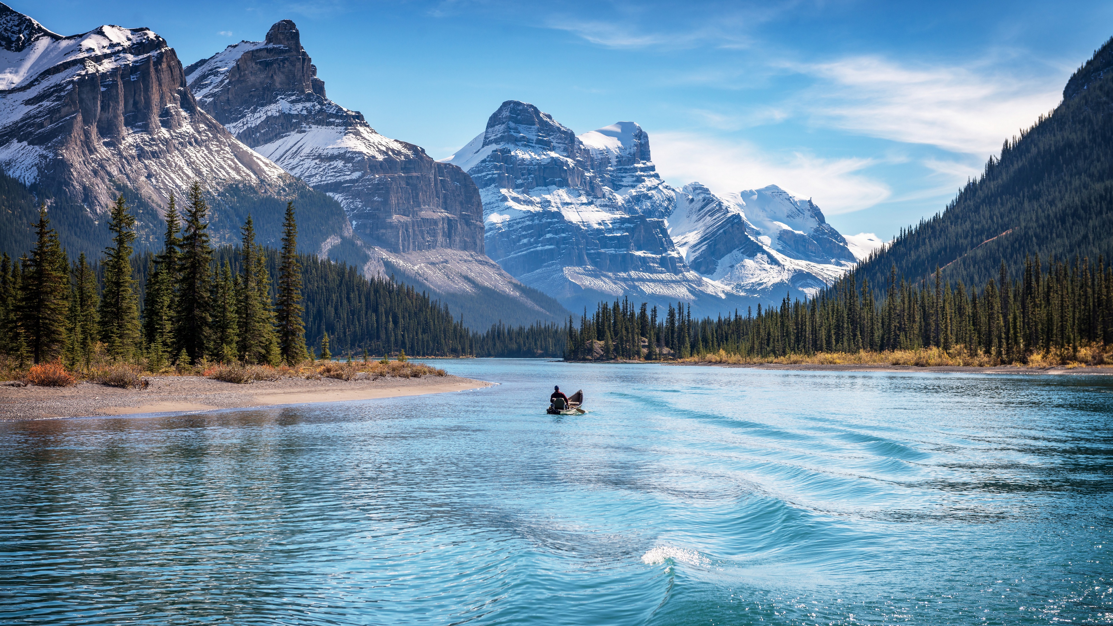 General 3840x2160 nature landscape Jasper National Park Canada Maligne Lake mountains forest sky waves boat men lake water snow trees