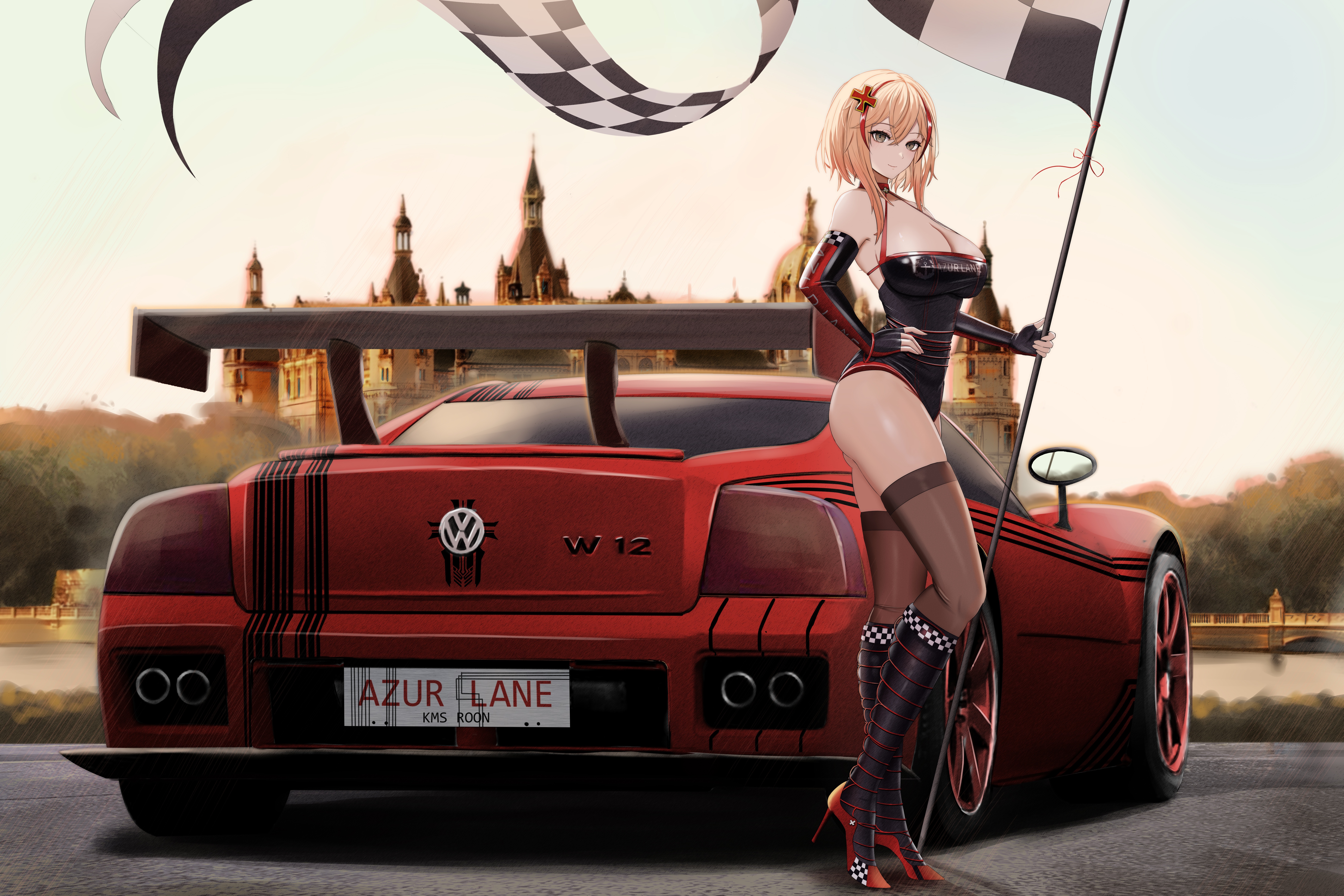 Anime 9000x6000 anime anime girls car race flag stockings heels elbow gloves big boobs Volkswagen Volkswagen W12 Azur Lane