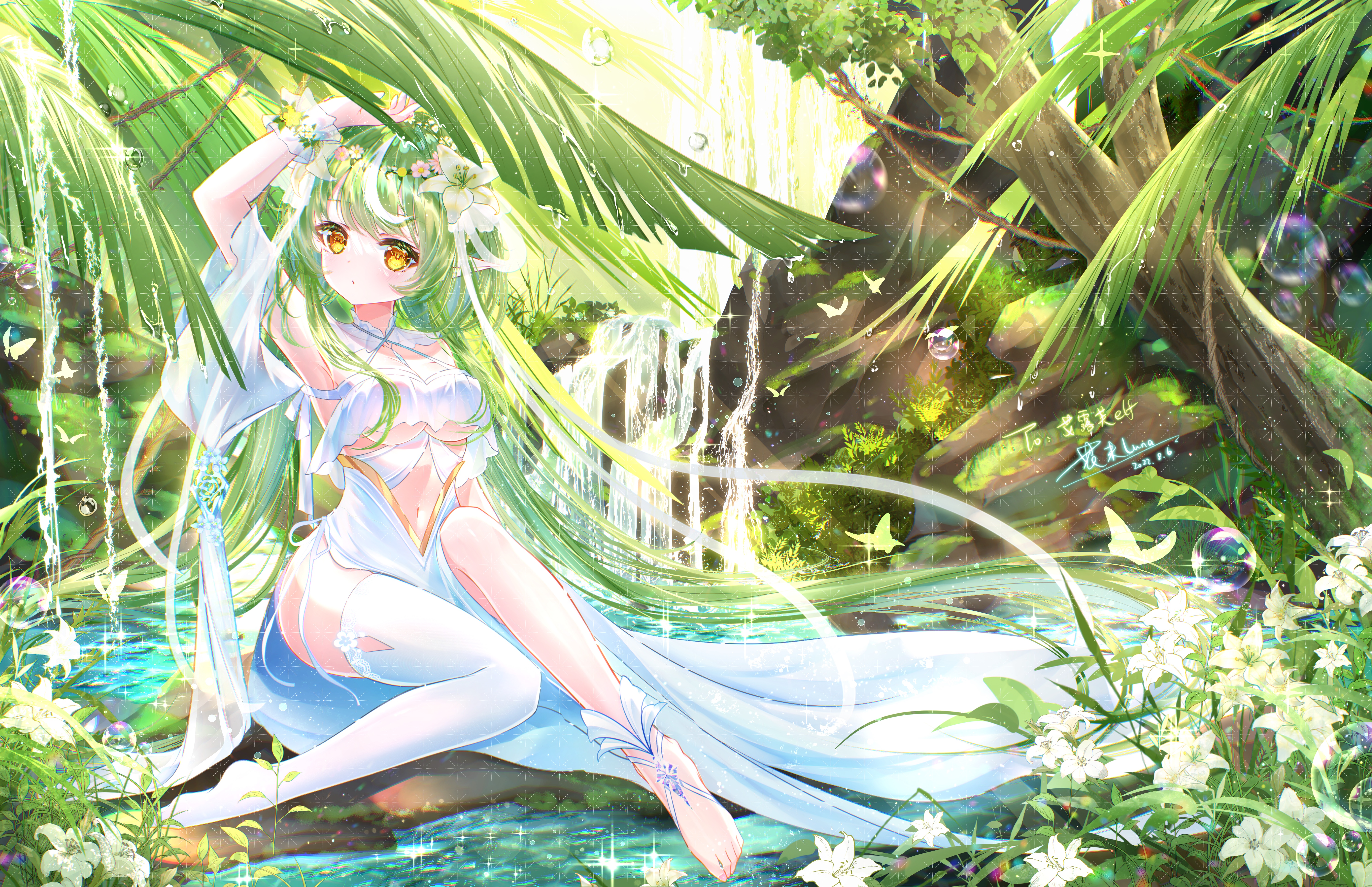 Anime 6000x3878 anime girls Hanajiang green hair long hair yellow eyes water dress white dress pointy ears head tilt flowers looking at viewer grass trees foliage palm trees waterfall bubbles flower in hair leaves flower crown forest water drops butterfly underboob armpits belly button skimpy clothes stockings white stockings blushing missing stocking wristwear boobs cleavage cutout bright