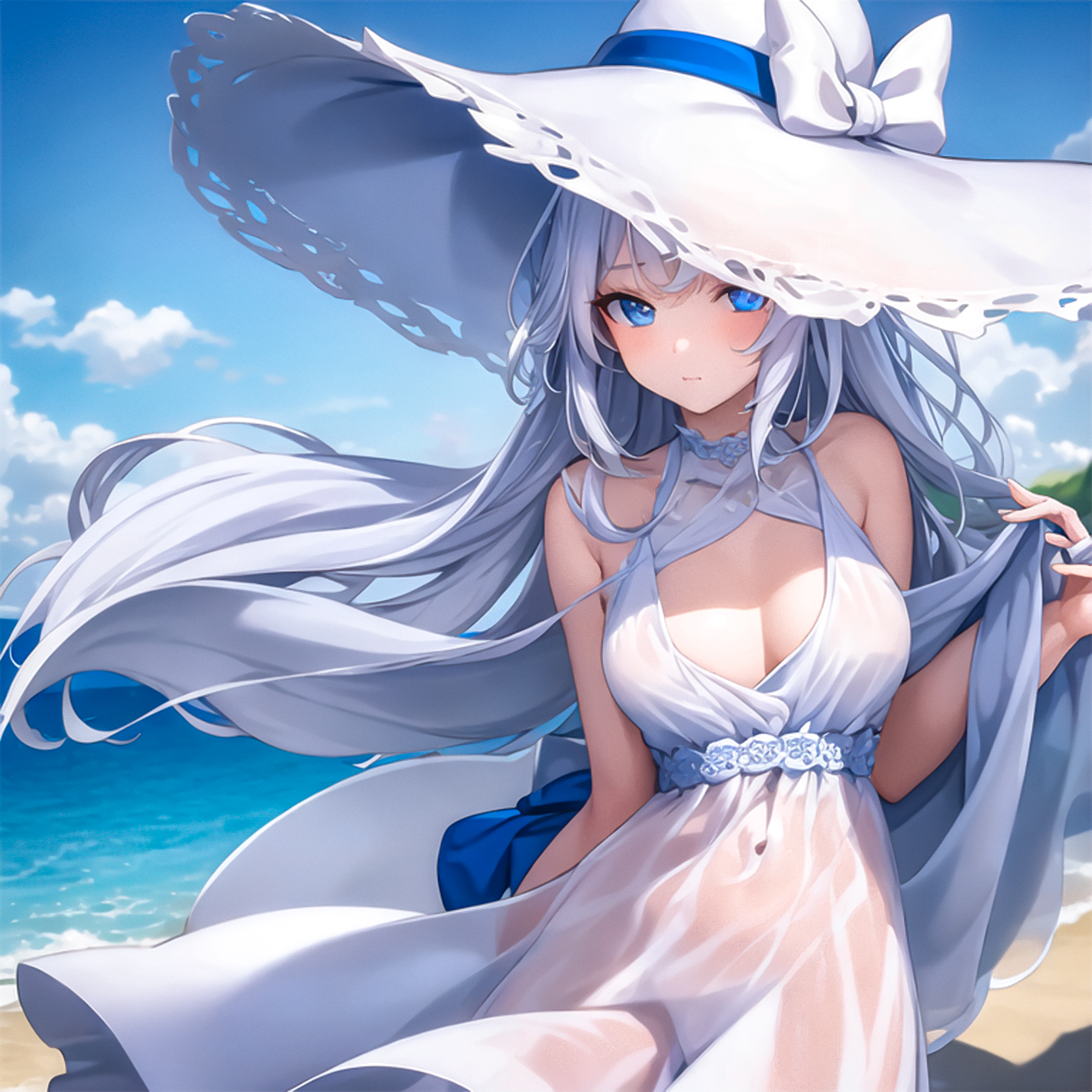 Anime 4096x4096 anime girls white hair blue eyes big hat long hair beach windy white dress portrait display straw hat cleavage water dress