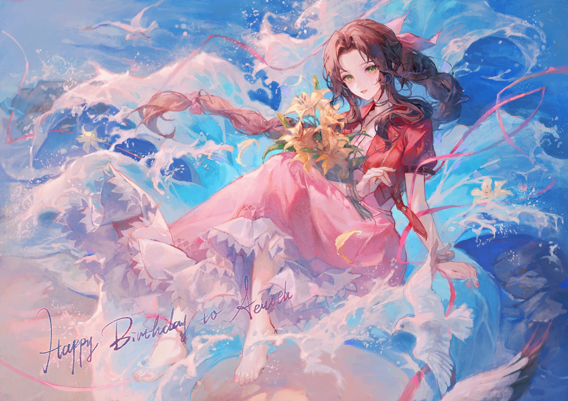 Anime 1950x1378 anime girls Final Fantasy video game characters Aerith Gainsborough water waves barefoot birds flowers bouquet green eyes brunette looking at viewer pink dress Maccha Final Fantasy VII
