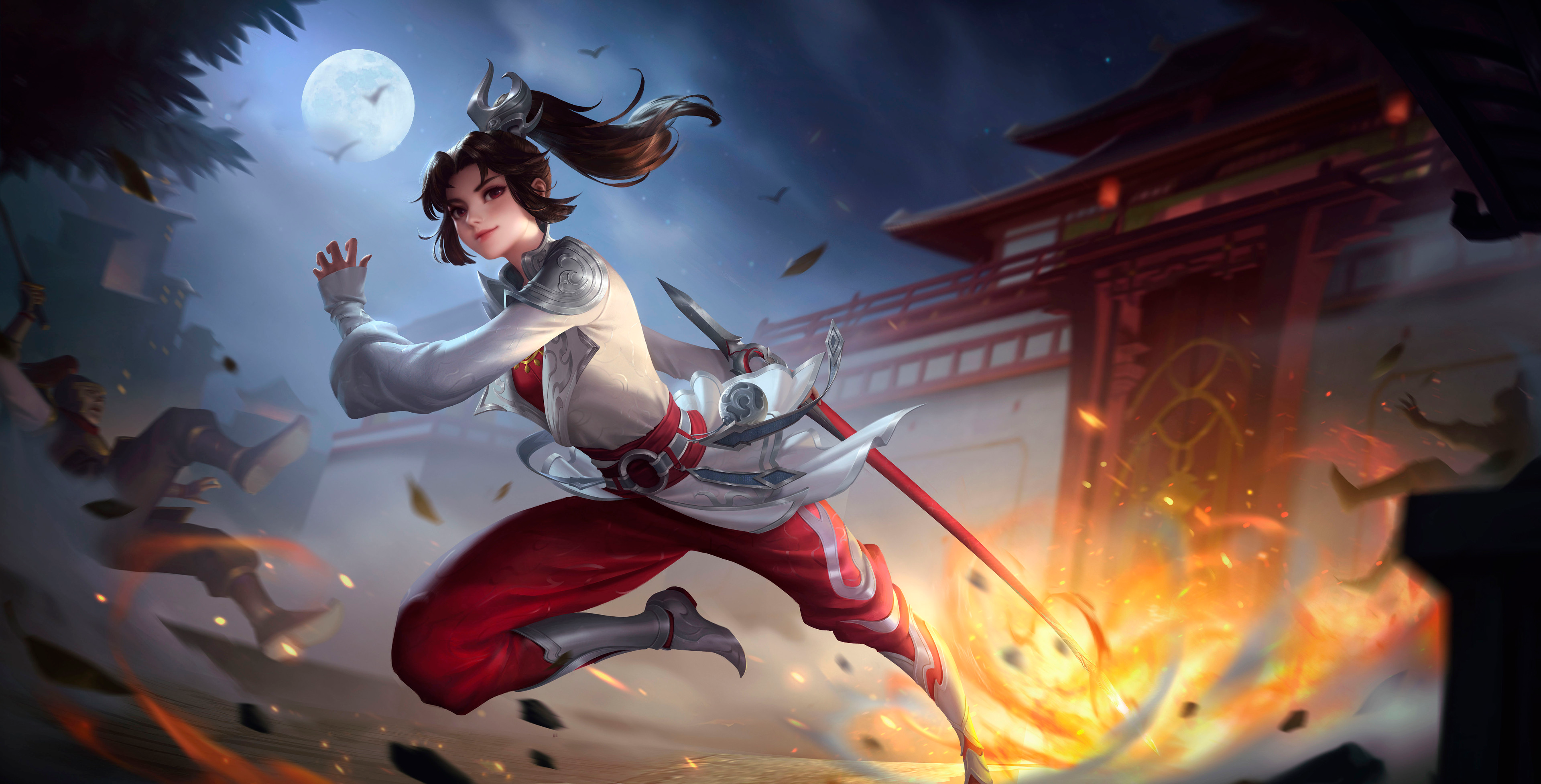 General 3840x1955 digital art artwork illustration fantasy art fantasy girl women dark hair battle night fire explosion ponytail Moon Zhichao Cheng Naraka: Bladepoint weapon