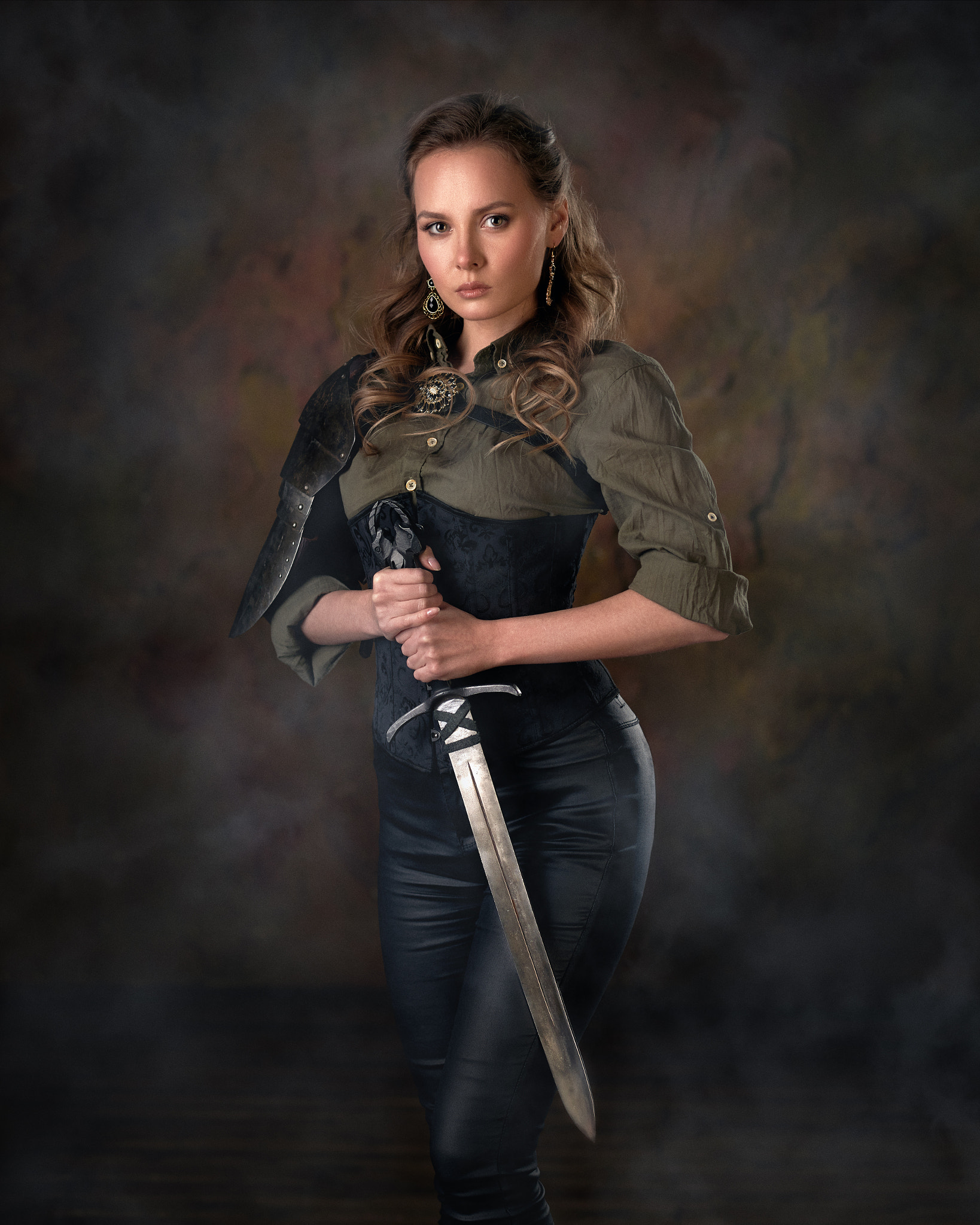 People 1638x2048 Max Pyzhik women Katya Khalpert brunette sword weapon simple background smoke corset
