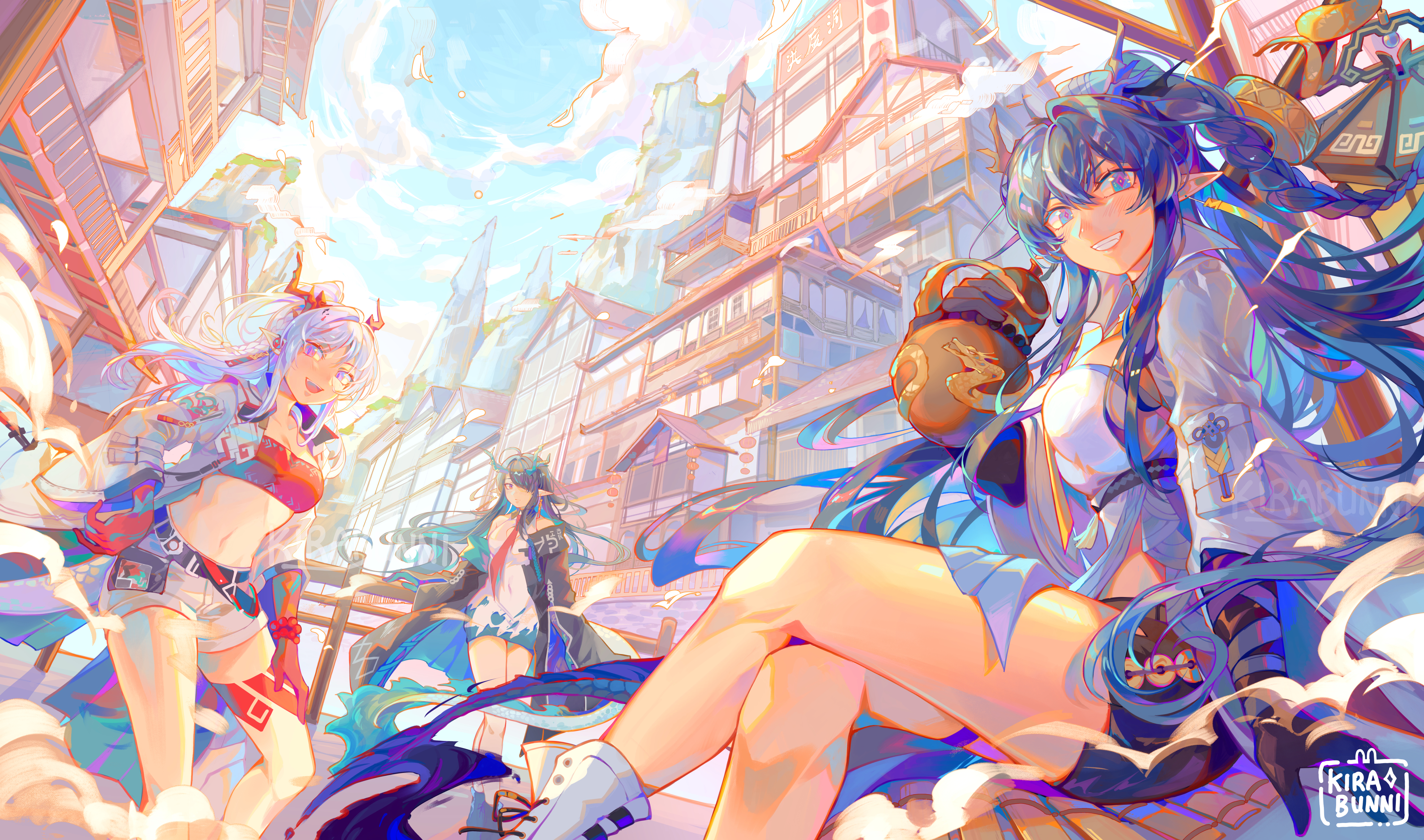 Anime 4096x2417 anime anime girls Arknights pointy ears dragon girl dragon horns dragon tail hair over one eye clouds legs crossed looking at viewer Dusk (Arknights) Nian(Arknights) Ling (Arknights)
