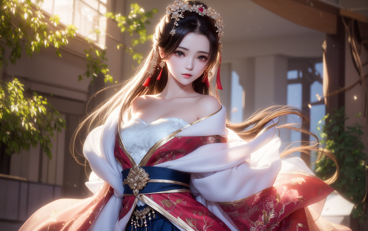 Anime 1480x928 AI art women Asian dress looking at viewer long hair plants