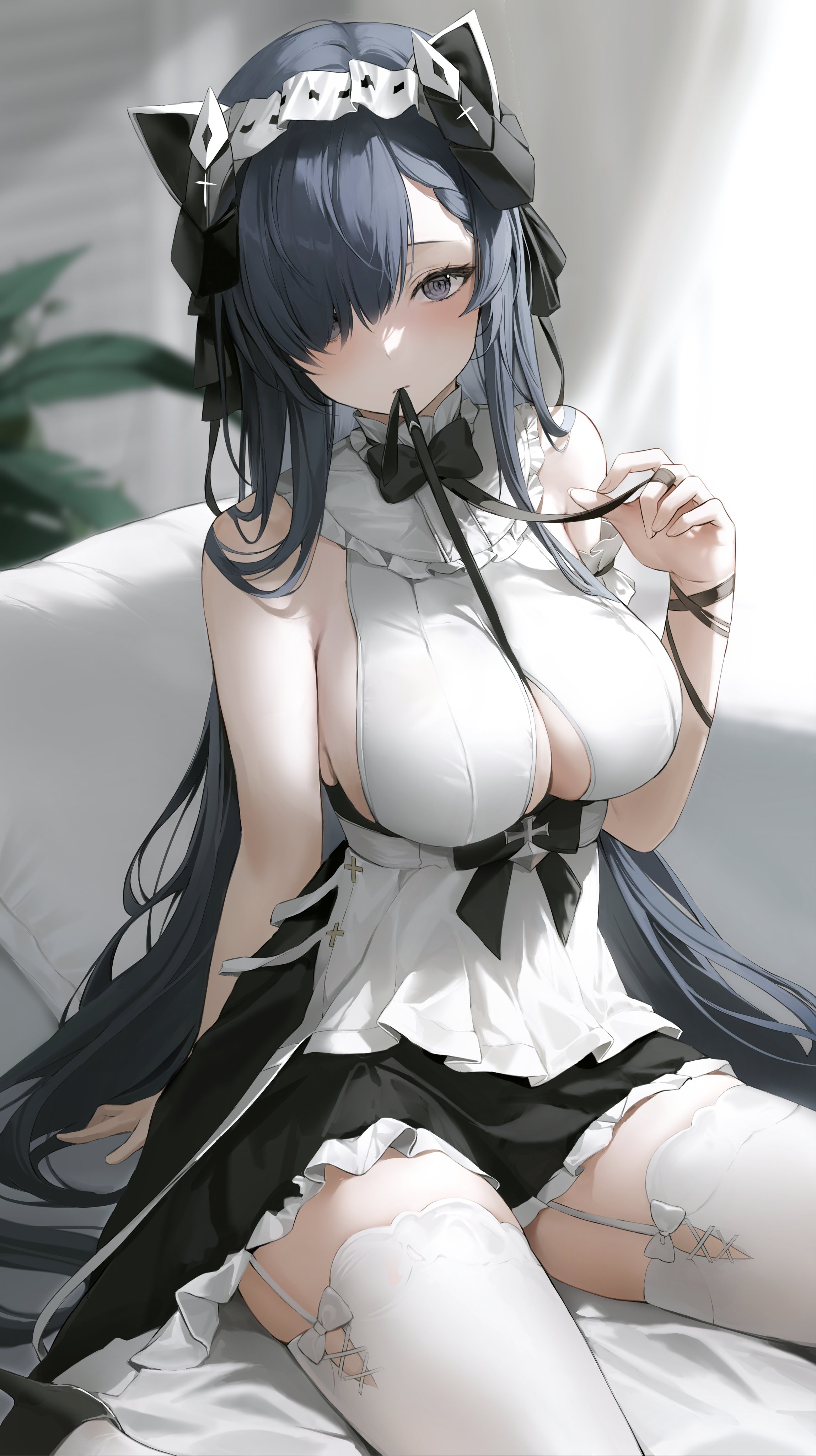 Anime 2296x4096 anime anime girls August Von Parseval (Azur Lane) Azur Lane portrait display hair over one eye stockings long hair big boobs bow tie maid outfit looking at viewer maid