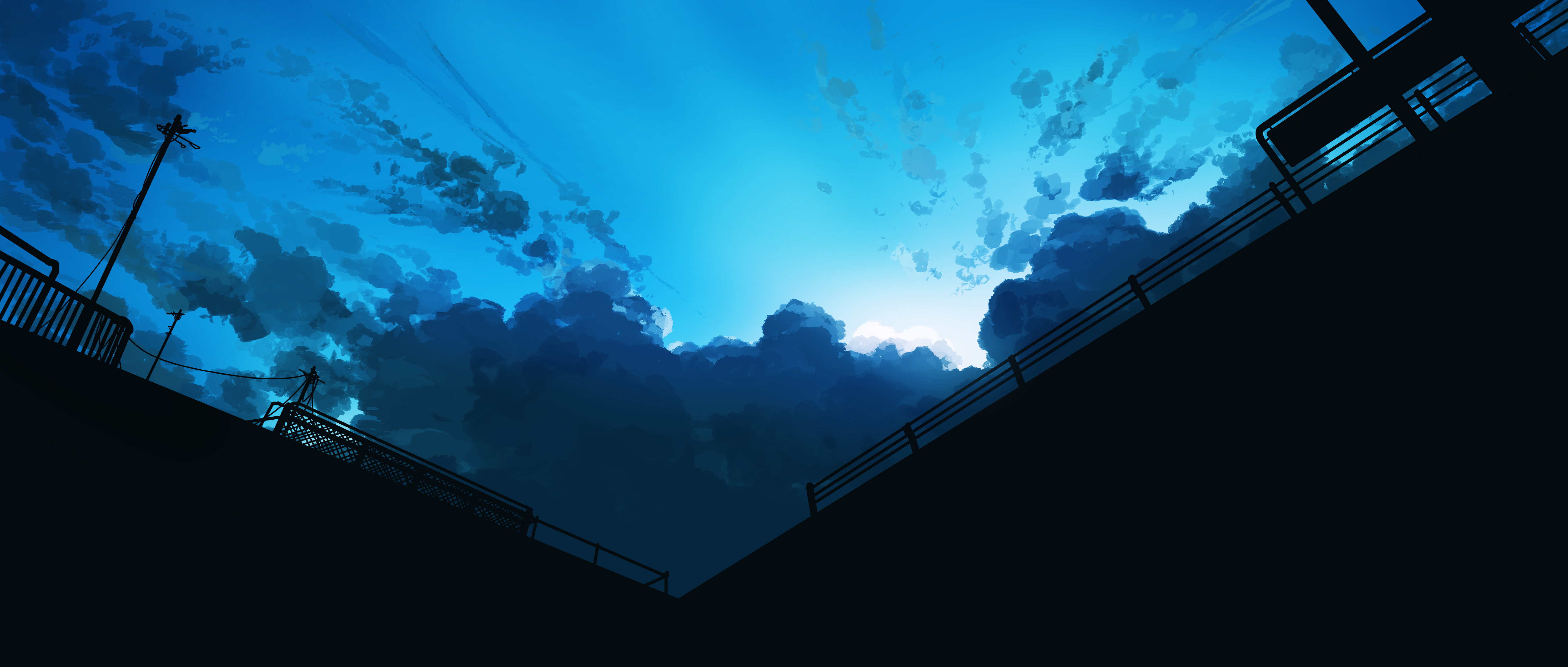 Anime 5640x2400 anime artwork horizon clouds sky silhouette Gracile rooftops