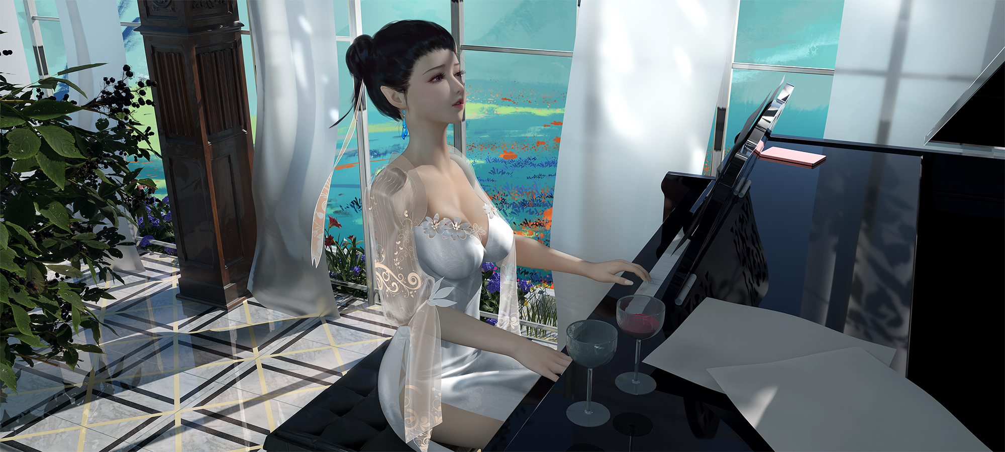 General 2000x900 original characters 2D artwork drawing Ydiya Kai piano fantasy girl pointy ears musical instrument sitting leaves window glass drink wine glass paper curtains reflection hairbun earring