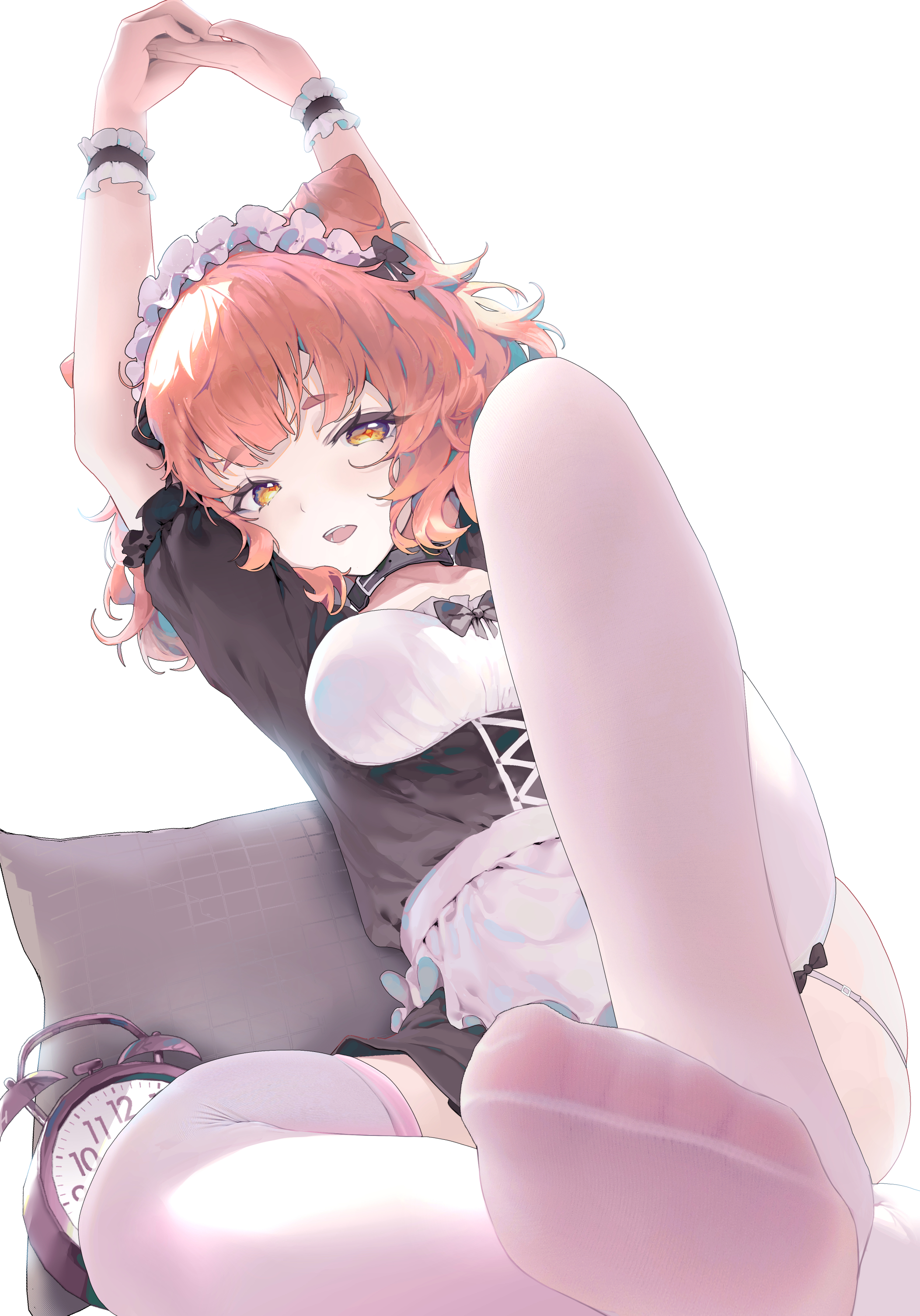 Anime 2104x3010 anime anime girls portrait display maid maid outfit redhead hairbun stockings feet clocks looking at viewer Pixiv