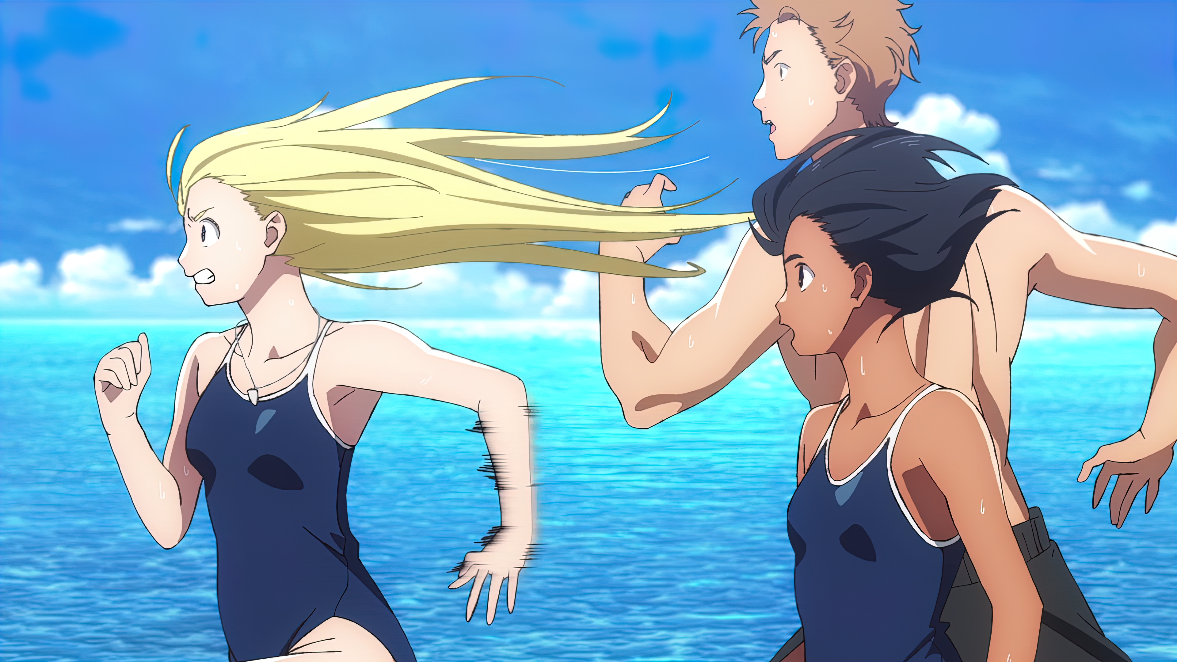 Anime 3840x2160 Summer Time Rendering 4K anime anime girls anime boys one-piece swimsuit necklace blonde dark skin water running school swimsuits