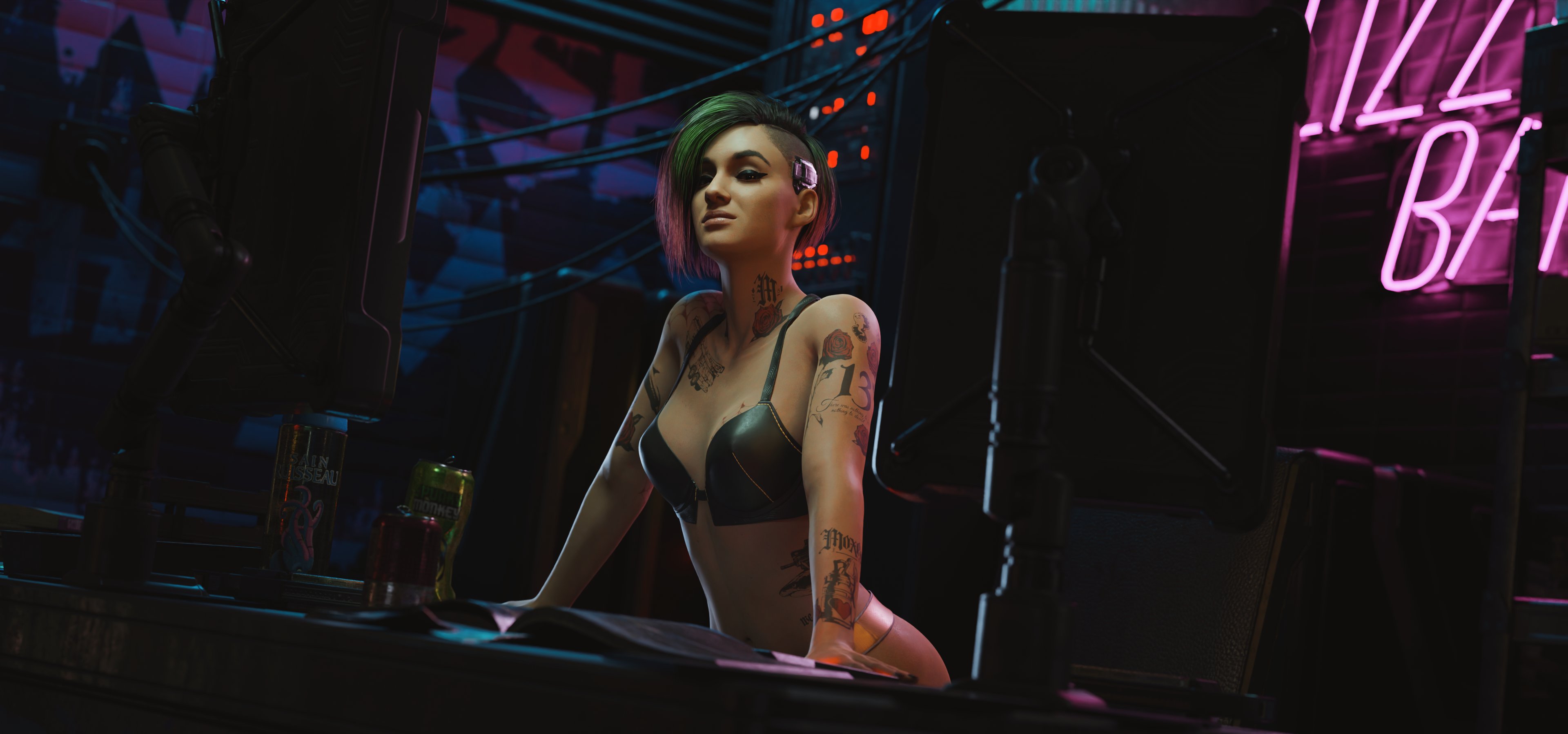 General 3840x1800 cyberpunk Cyberpunk 2077 Judy Alvarez women video game girls CGI video game characters tattoo neon mohawk two tone hair