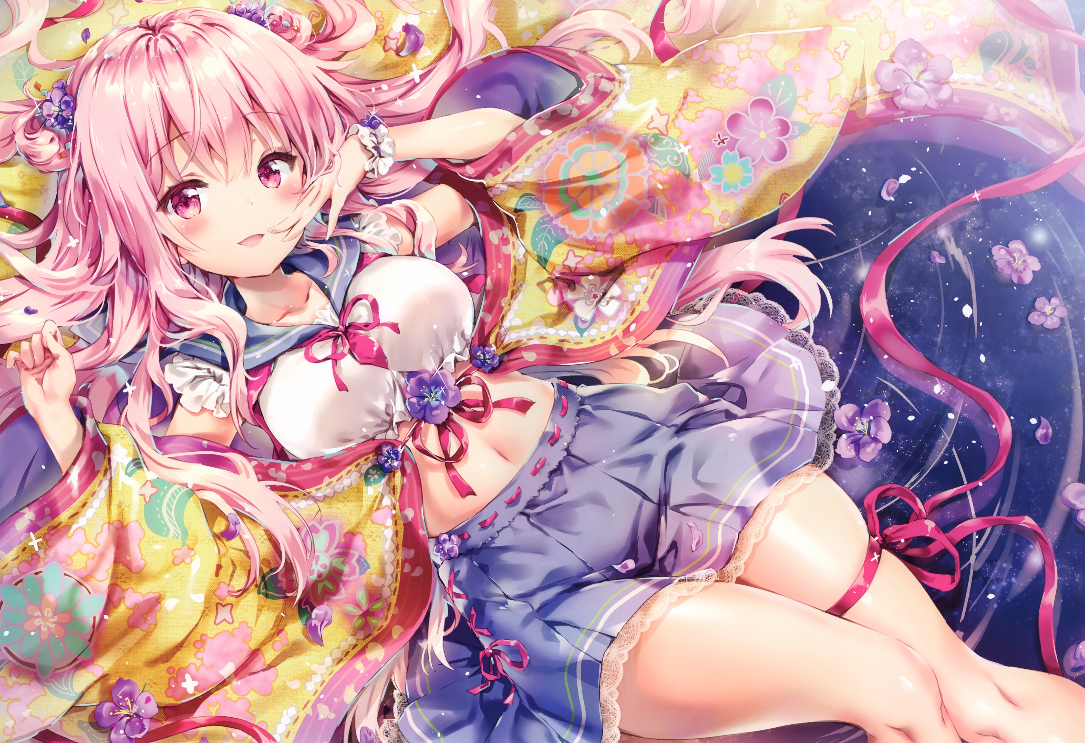 Anime 4235x2900 anime girls Riichu Rianastia Flugel pink hair long hair lying down lying on back belly belly button thighs pink eyes blushing school uniform schoolgirl bow tie Japanese clothes flowers flower in hair smiling wristwear miniskirt looking at viewer water hair ornament ribbon pink ribbon petals high angle
