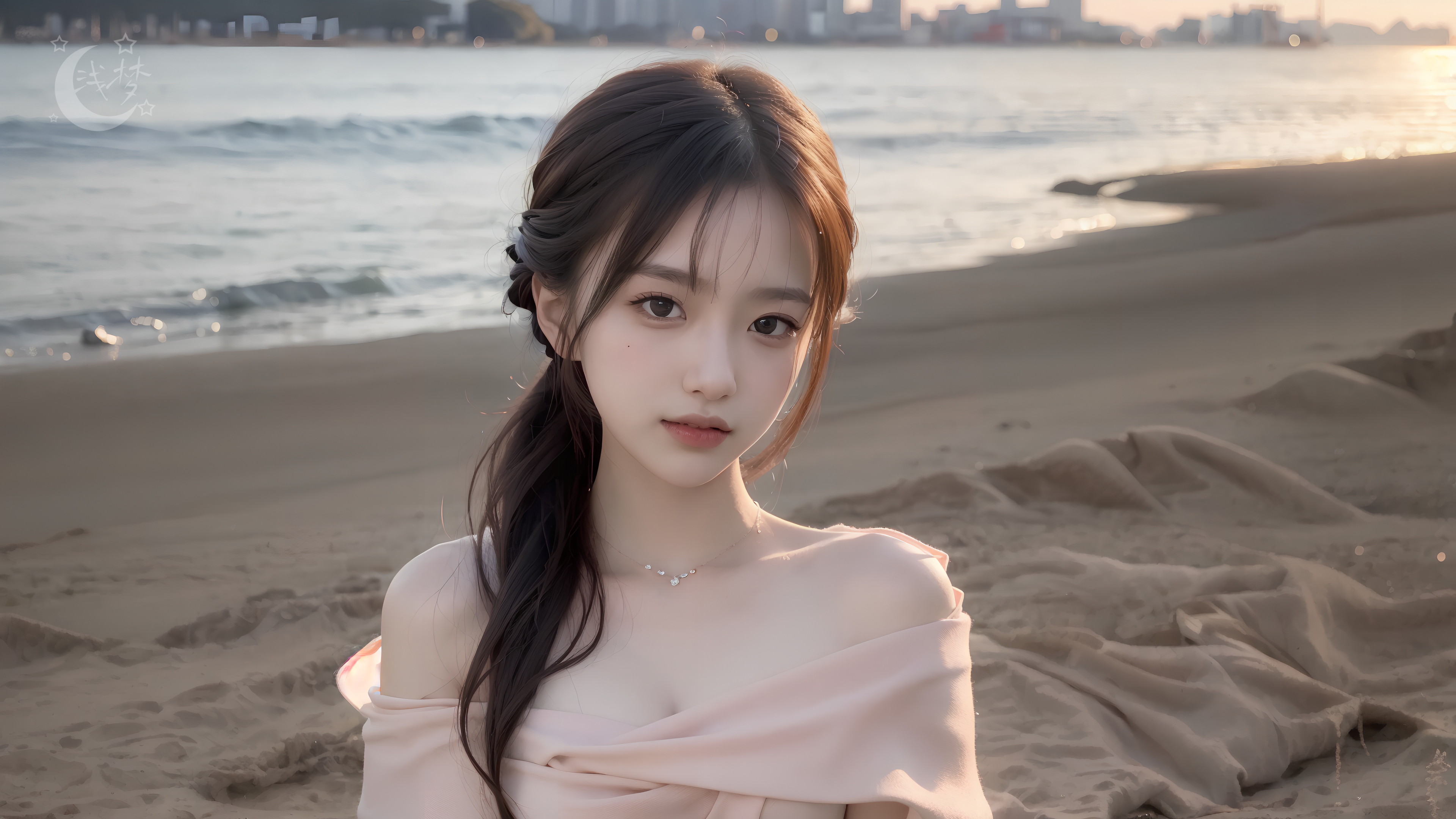 General 3840x2160 4K AI art beach sea sunset Asian looking at viewer sand parted lips sunlight long hair bare shoulders dress waves necklace