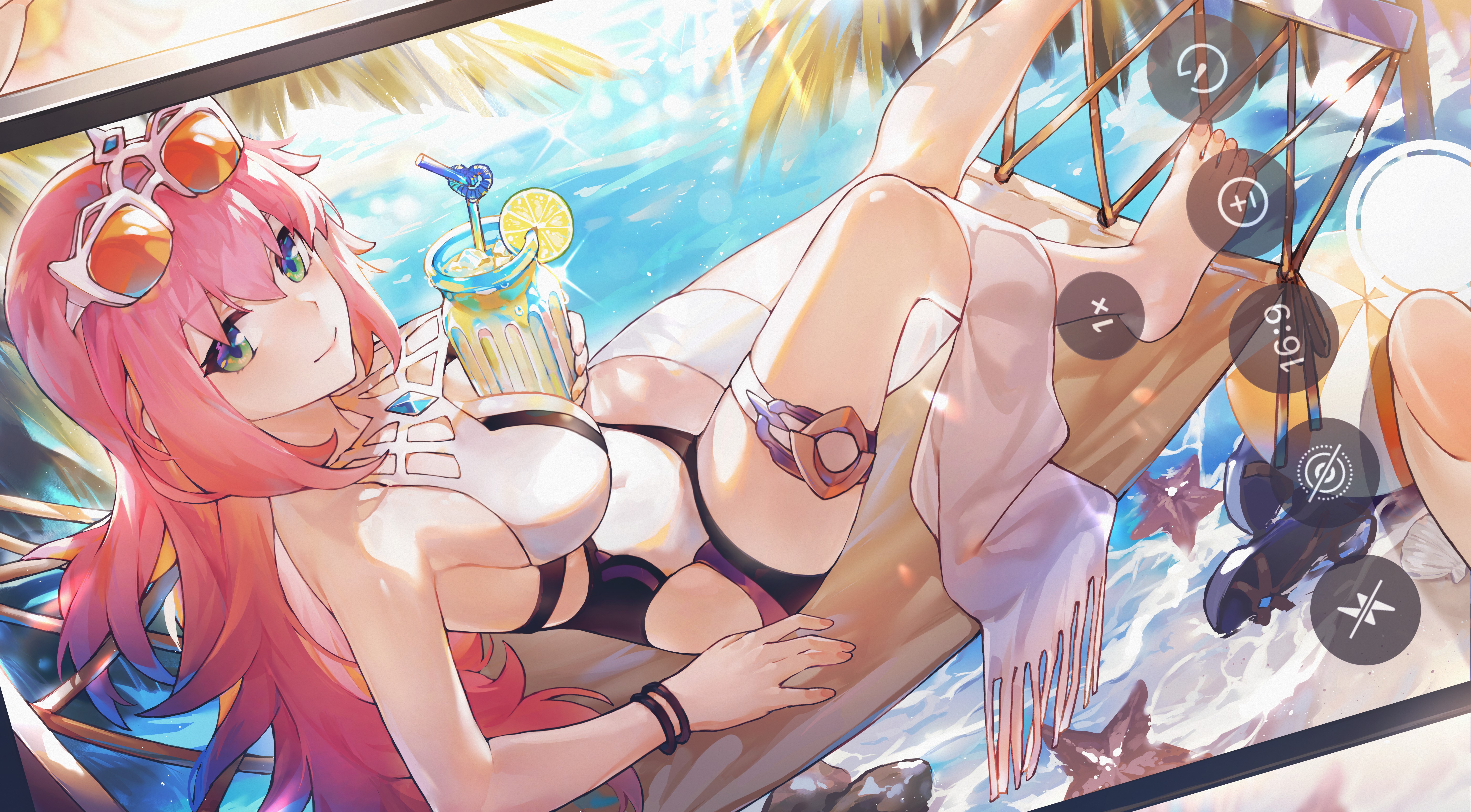 Anime 6173x3408 anime girls looking at viewer POV taking photo cropped swimwear pink hair one-piece swimsuit drink green eyes long hair item between boobs cup beach palm trees hammocks barefoot lying down thigh strap water sunglasses smiling bracelets sunlight beach ball leaves seashells SWKL cocktails white swimsuit legs sideboob smartphone phone feet toes blue eyes