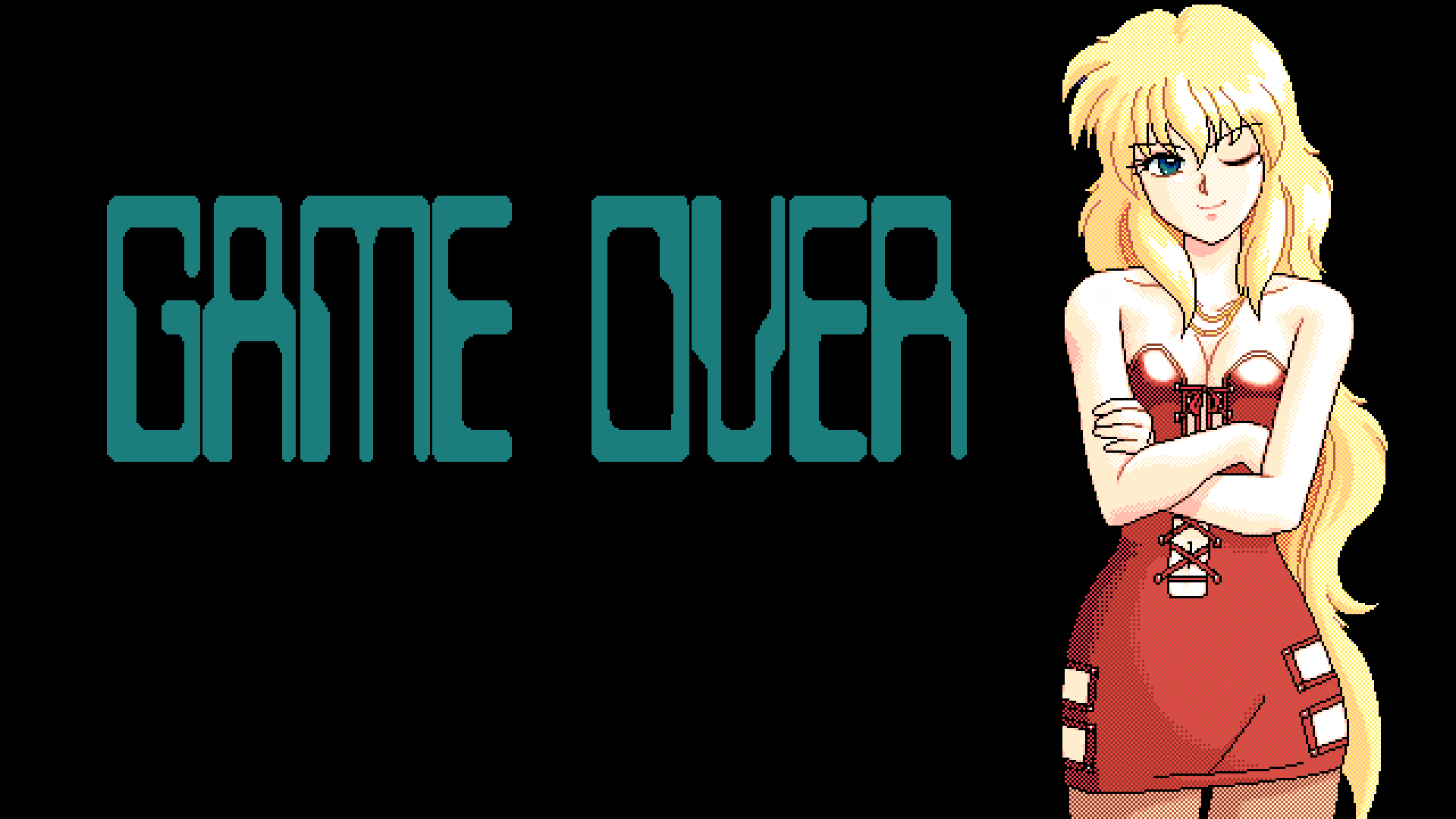 Anime 1920x1080 pixel art Game CG anime girls PC-98 digital art standing one eye closed smiling arms crossed minimalism black background simple background long hair looking at viewer GAME OVER