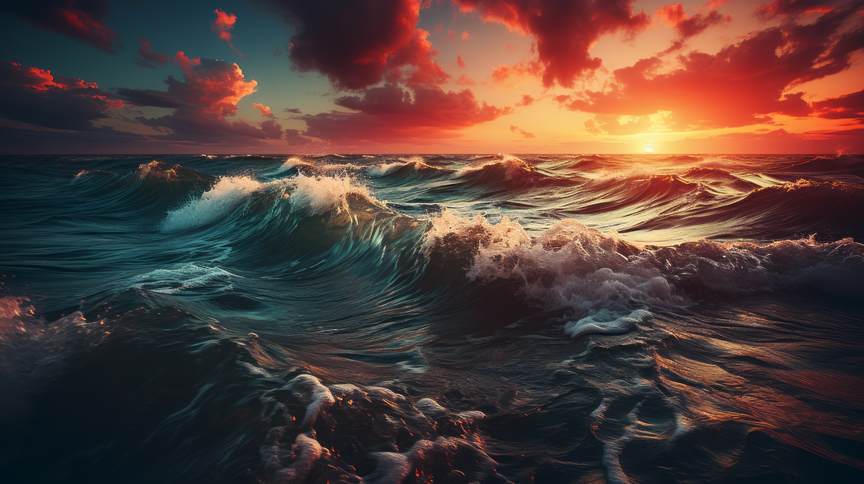 General 2912x1632 AI art sunset sea waves clouds sunset glow water sky digital art