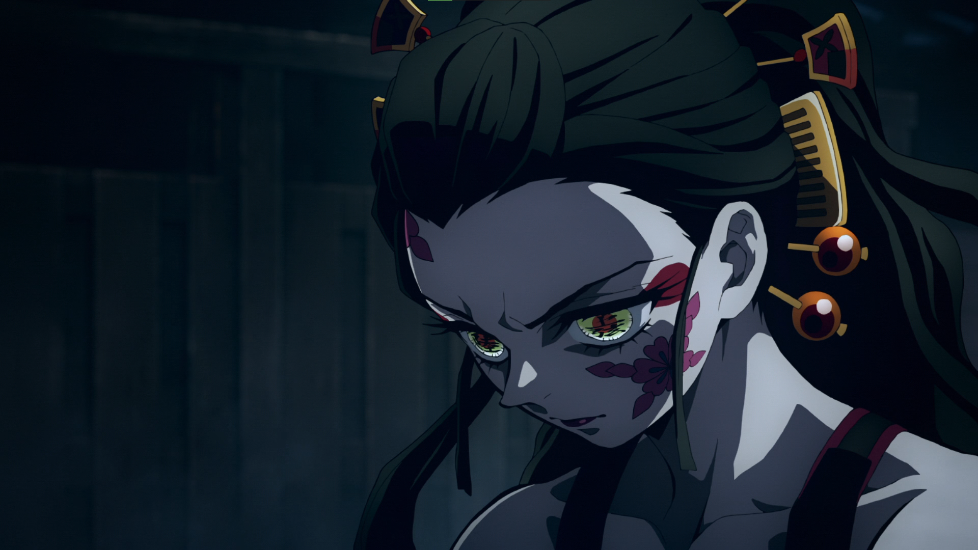 Anime 1920x1080 Kimetsu no Yaiba Daki anime Anime screenshot anime girls demon Demon face hairpins makeup sad night