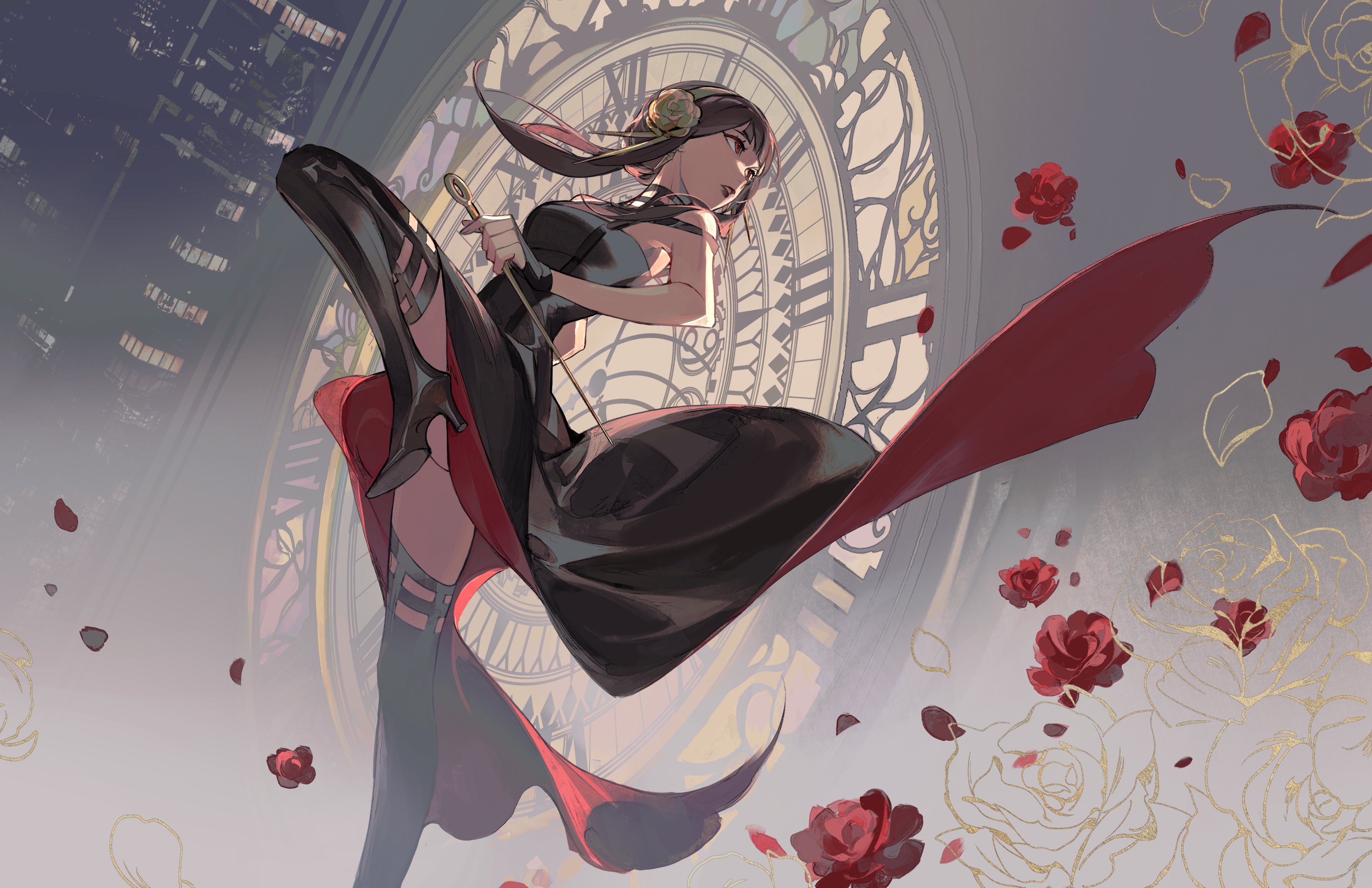 Anime 4096x2650 Spy x Family Yor Forger clock tower anime girls rose petals looking away clocks thigh high boots earring black hair red eyes