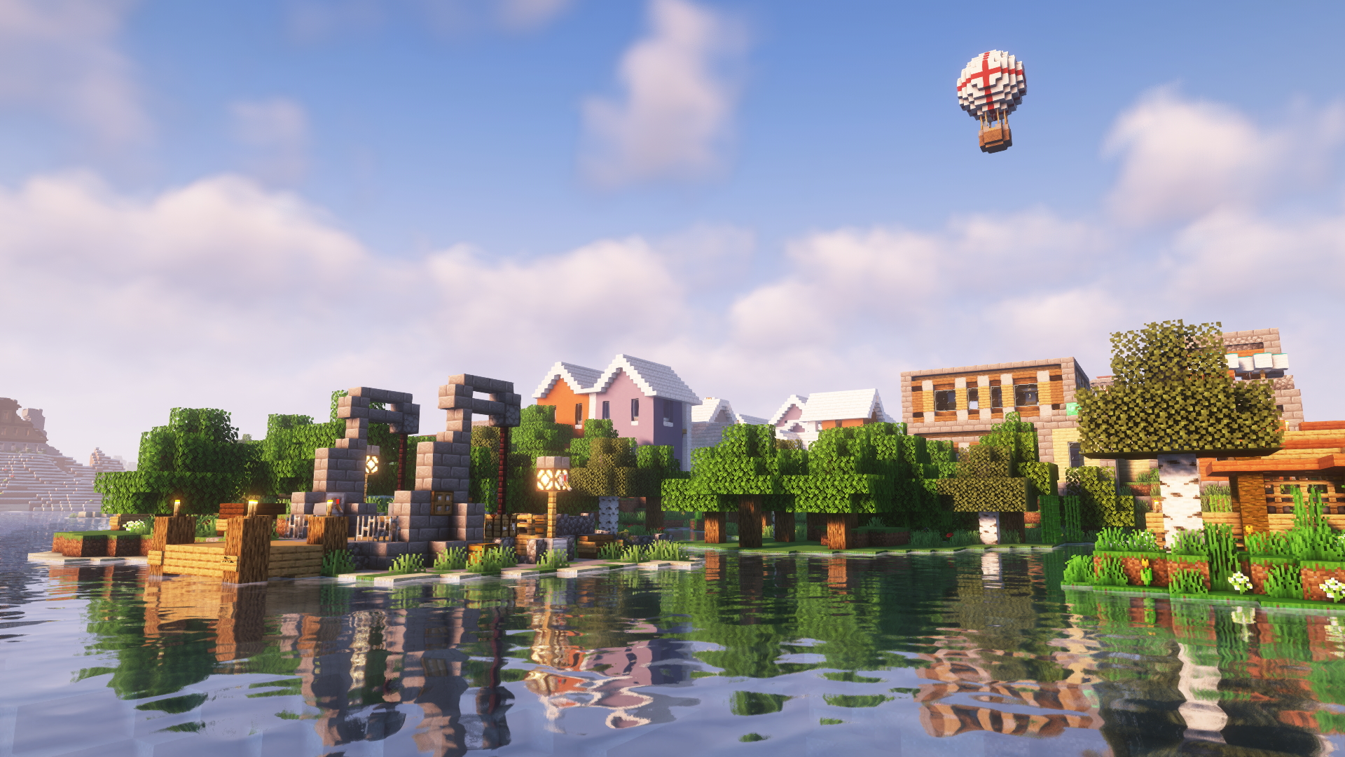 General 1920x1080 Minecraft shaders water video games sky clouds cube village trees hot air balloons CGI