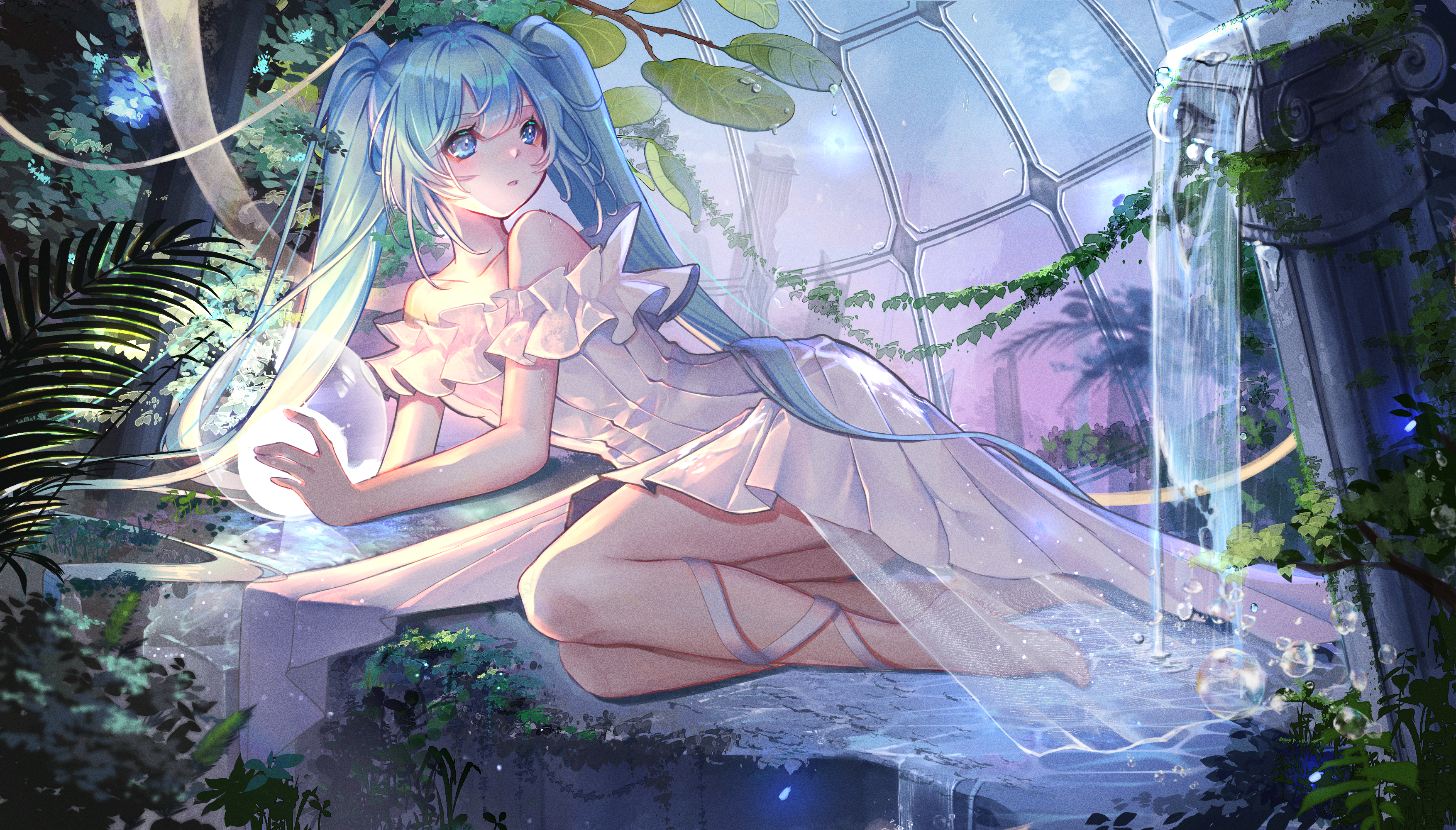 Anime 3508x2000 anime anime girls Hatsune Miku Vocaloid twintails dress blue hair blue eyes water plants leaves looking away feet
